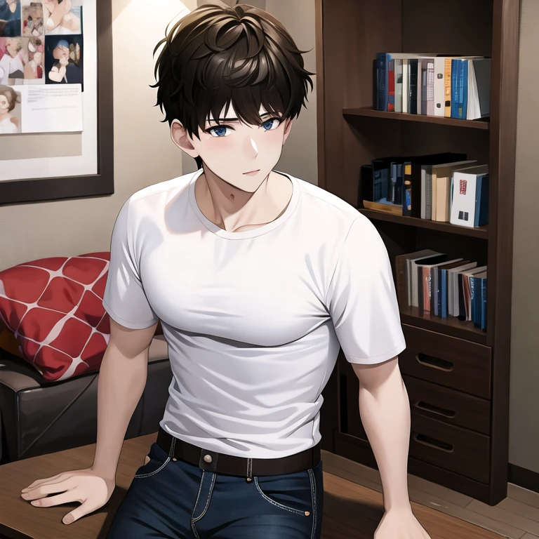 18-year-old guy, white t-shirt, black denim pants.