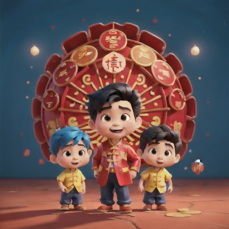 An illustration in the style of Pixar animation featuring two super lively and adorable five-year-old Chinese boys standing in the center, dressed in traditional Chinese attire, embracing a Chinese dragon. The ground is scattered with gold coins. The color scheme is blue and red, set against a red background, symbolizing the Chinese New Year. The scene is characterized by strong lighting effects, ultra-detailed, and rendered in 3D. The theme is joyful and festive, capturing the essence of Chinese culture and the spirit of the Lunar New Year.