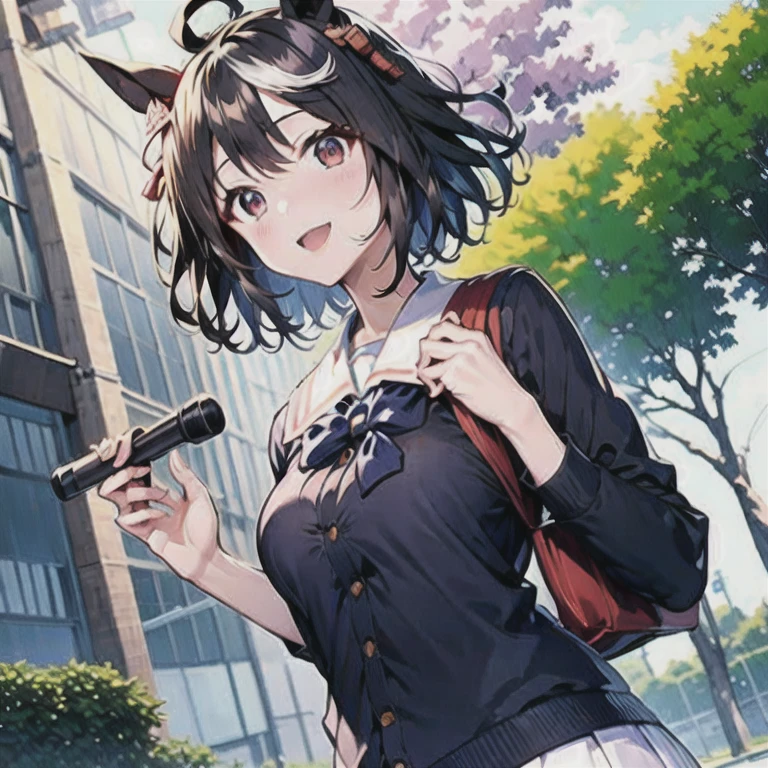 kitasan black 馬娘 ((大きくて豊かな胸))++++ 太もも 太もも 太もも 全身っぽい ((学生服を着ている)) ミニスカート (((美しい顔))) よいスタイル スリム こぼれる胸 (臀部)