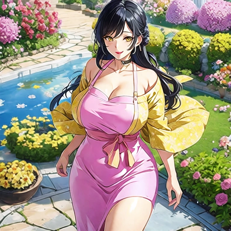 ((best quality)), ((highly detailed)), masterpiece, absurdres, extremely detailed face, beautiful face, (detailed eyes, deep eyes), (1girl), cowboy shot, yaoyorozu_momo, momo_mha, long hair, black hair, black eyes, ponytail, hair pulled back, large breasts, smile, off-shoulder sundress, bare shoulders, floral print, collarbone, (outdoors, at a stairway, afternoon), fsc_art