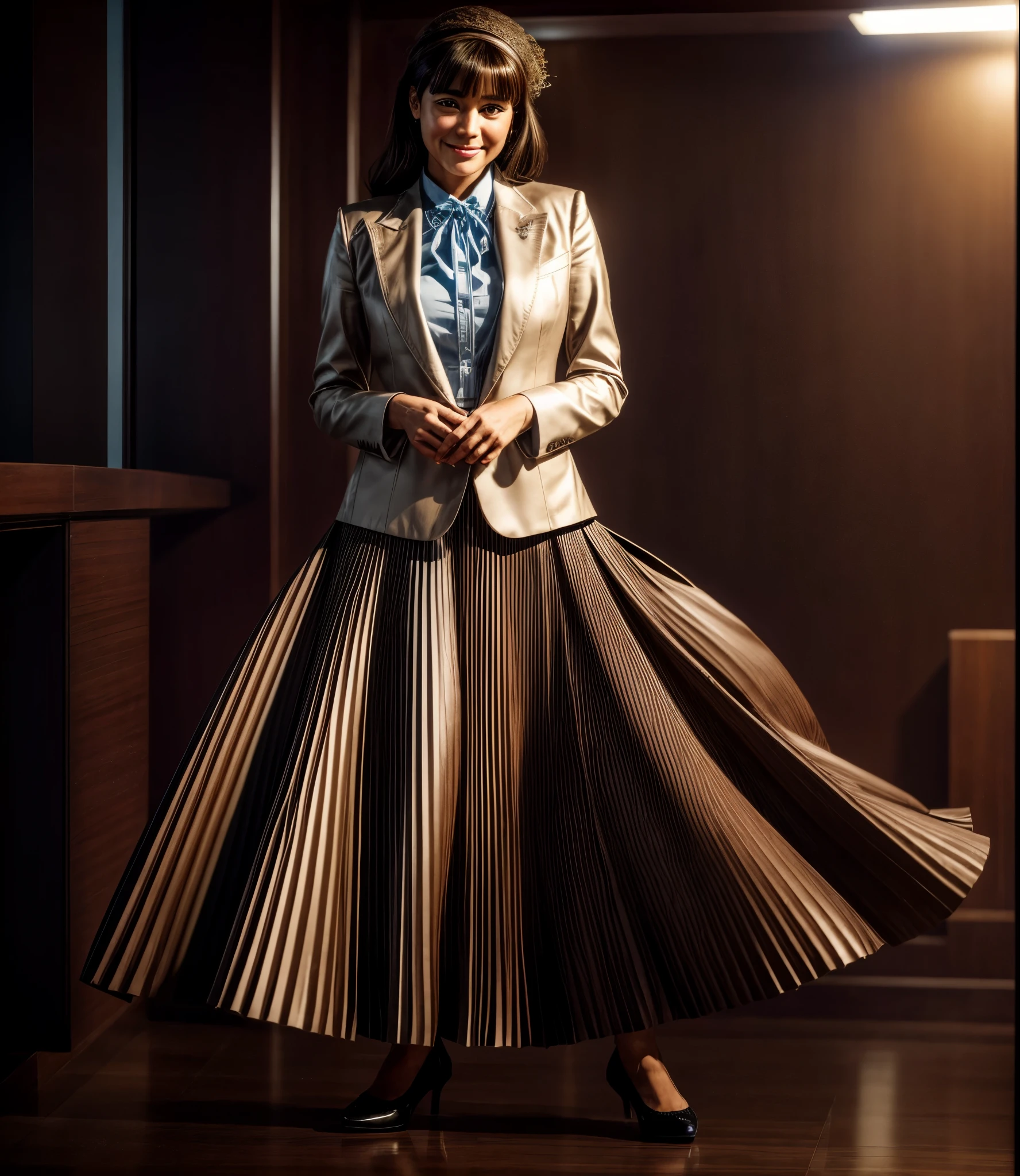 A smiling, authentic, (shy:1,3), kind, beautiful woman, completely alone in an empty space station, in love with her skirt, standing while wind lifts her skirt, wearing short blazer and very very detailed (long (fully pleated) full circle skirt) and (simple) low heeled office shoes, very very intricate hyper-detailed symmetric (attractive graceful young feminine face) with (sad, tired eyes and a shy smile), large breasts, full of empathy and compassion and love, (pronounced (feminine) features), (highly detailed ultra accurate realistic) hands and fingers, (windy), epic composition, highly detailed attributes, (35mm f1.4 Kodak portra 400 photograph), extremely high quality RAW photograph, highly detailed atmosphere, sci-fi, cinematic shot, dynamic lighting, 75mm, Technicolor, Panavision, cinemascope, sharp focus, fine details, 8k, HDR, realism, realistic, key visual, film still, superb cinematic color grading, depth of field
