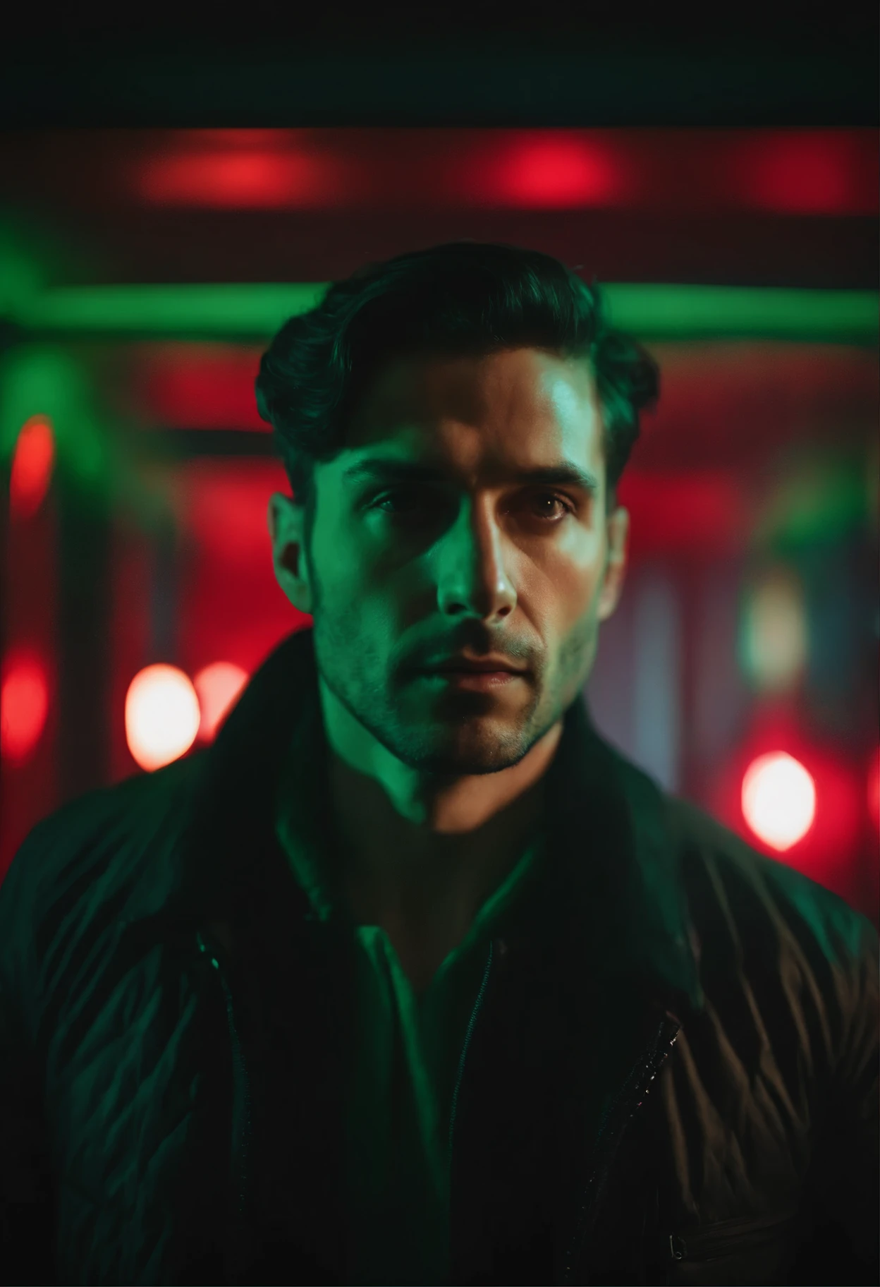 photo portrait of 30 yo man wears Black jacket, normal hair, green and red ledlight background, realism, photorealism, hyperrealism, (insane details:1.3), 35mm