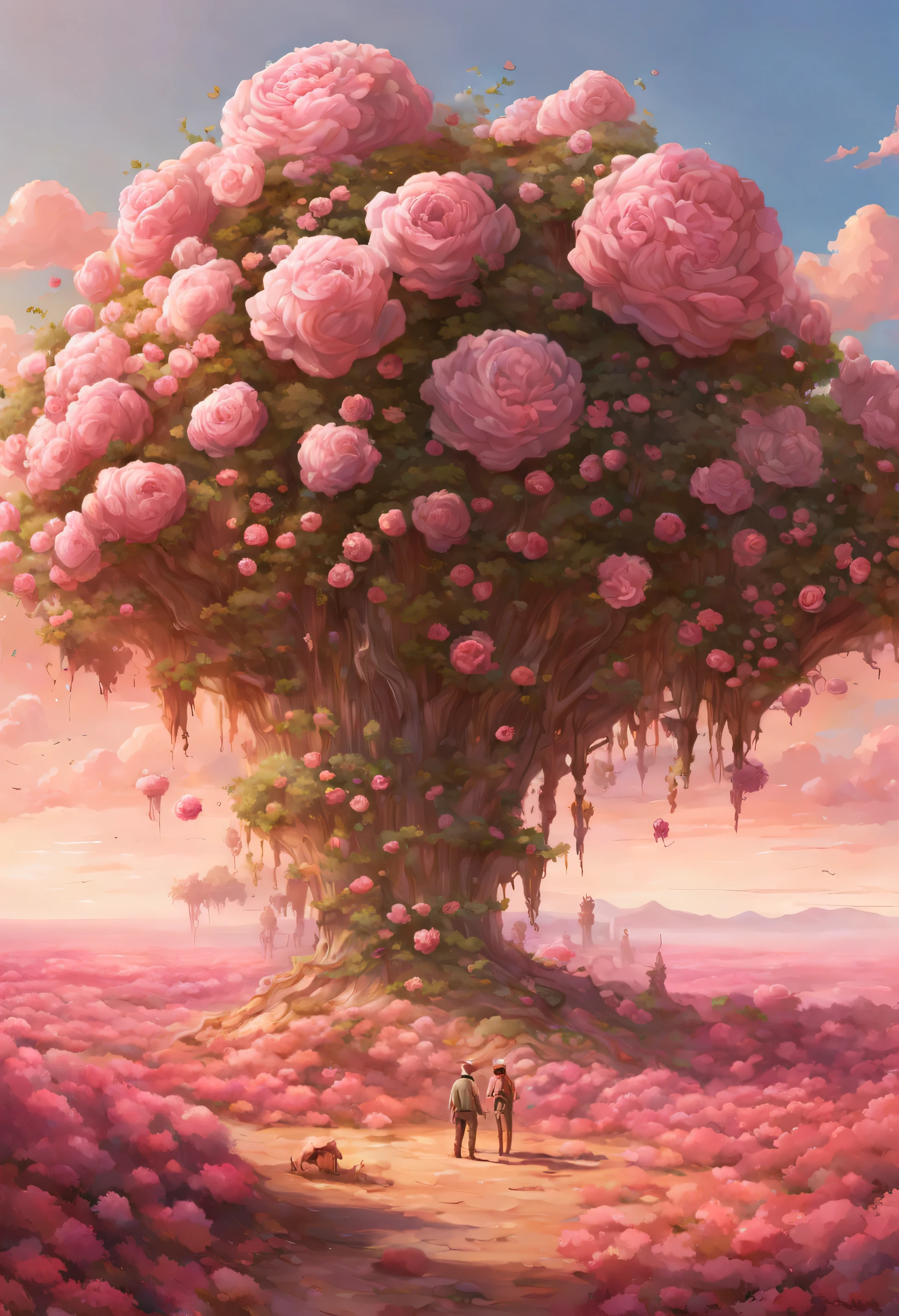 Summer, desert, pink clouds, a land overgrown with roses, James Gurney, art station rendering, ultra-wide lens, high definition