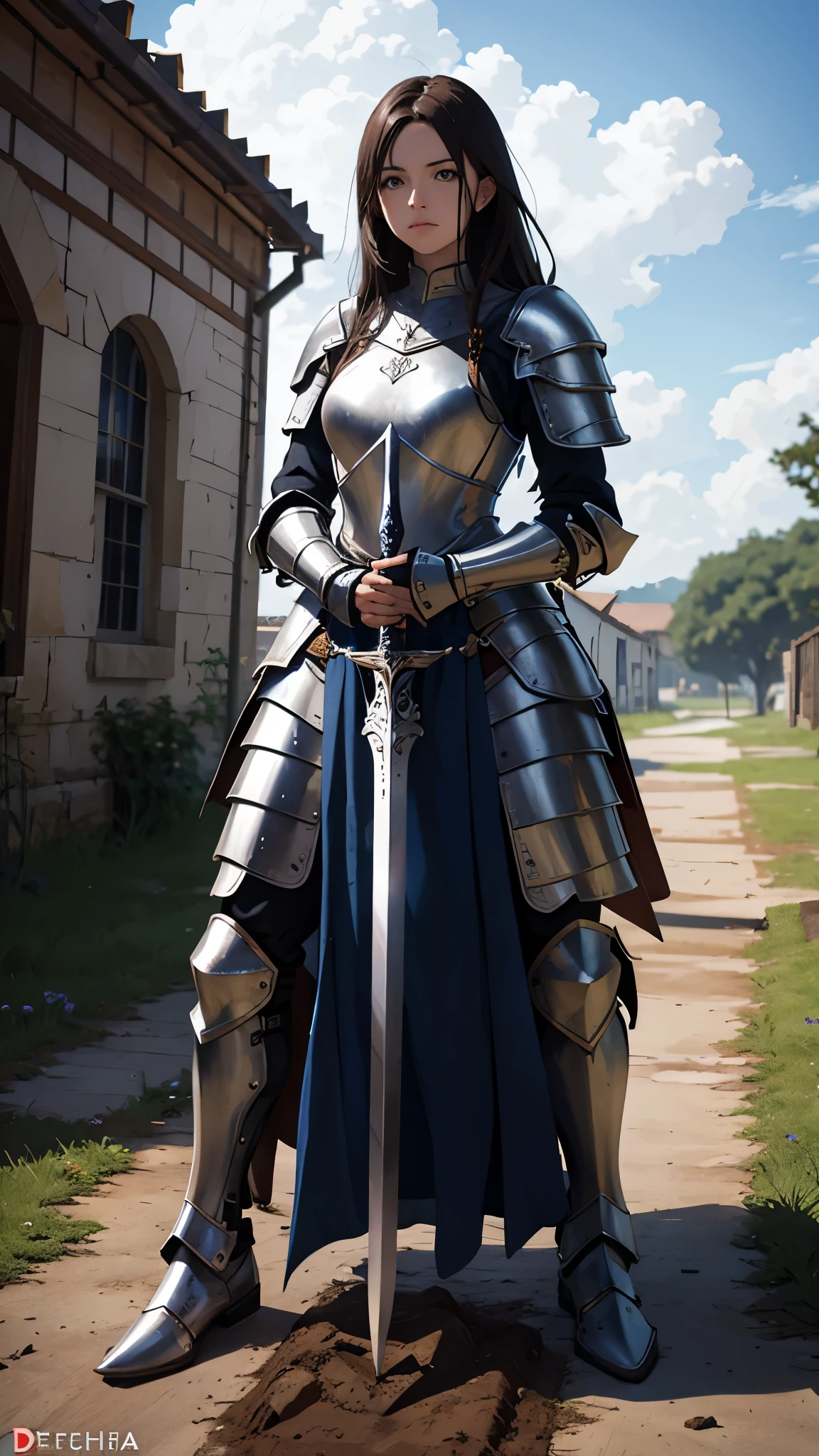 in armor,leaning over the claymore sword stuck in the ground,cabelo amarrado,armadura fechada,camera de frente,joana d'arc,medieval,europa medieval,full plate,detalhado,realista,4k