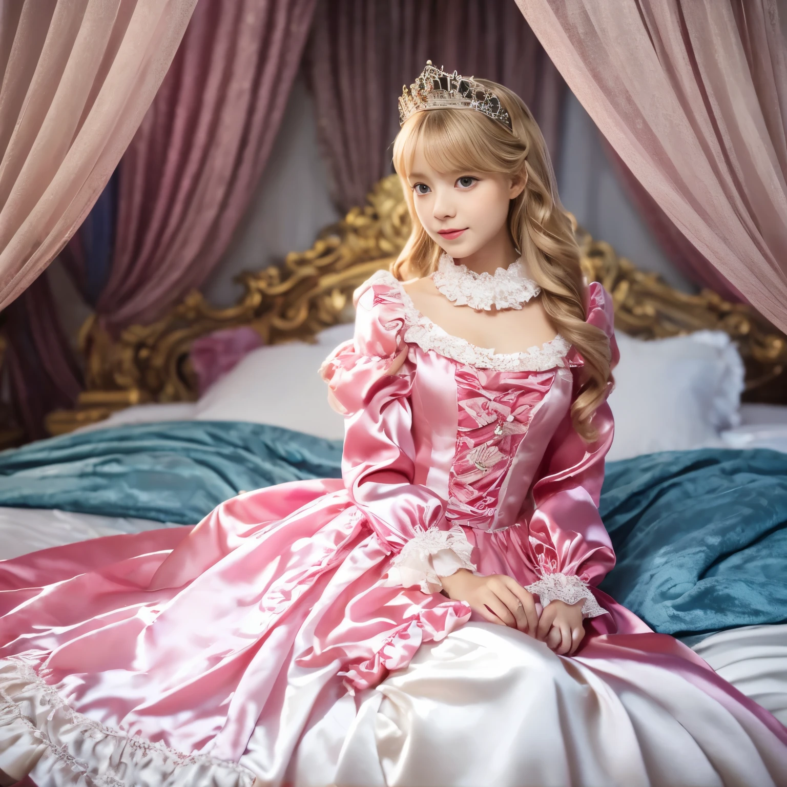 ,highest quality, masterpiece, highest resolution, artwork, super それにget used to it, many get used to it, get used to it, それにget used to it, 3K realistic photos,,((女の子)),Super detailed baby face,thls are princesses,Full length ball gown dress with hoop skirt,ruffle yoke collar,puff sleeves,long sleeve,((Lolita style hot pink detailed princess satin dress、Comes with lots of frills and ribbons。)),colorful rococo fashion,shiny satin dress,Soft and smooth fabric,luxury,long blonde hair,blue eyes,white skin european,pajamas,((inside the palace)),,,(( 10 years old)),Super y face,Full length ball gown d hoop skirt,long skirt,ruffle yoke collar,puff sleeves,腰まで伸びるlong blonde hair,blue eyes,white skin european,((inside the palace bedroom)),シルクサテンのluxuryなcanopy bedの上,canopy bed,Luxurious curtains on both sides of the bed,many frilly pillows on the bed,super detailed background,Detailed bed,romantic atmosphere,two little princesses on the bed,Two people playing on the bed,((((Both legs are hidden in the dress)))),the dress is spread out on the bed,soft silk satin comforter,soft silk satin ruffled pillow,Beautiful girl illustration,detailed beautiful face detailed hair,detailed human eye ,detailed mouth, arm details,fine hands,Detailed pillow,