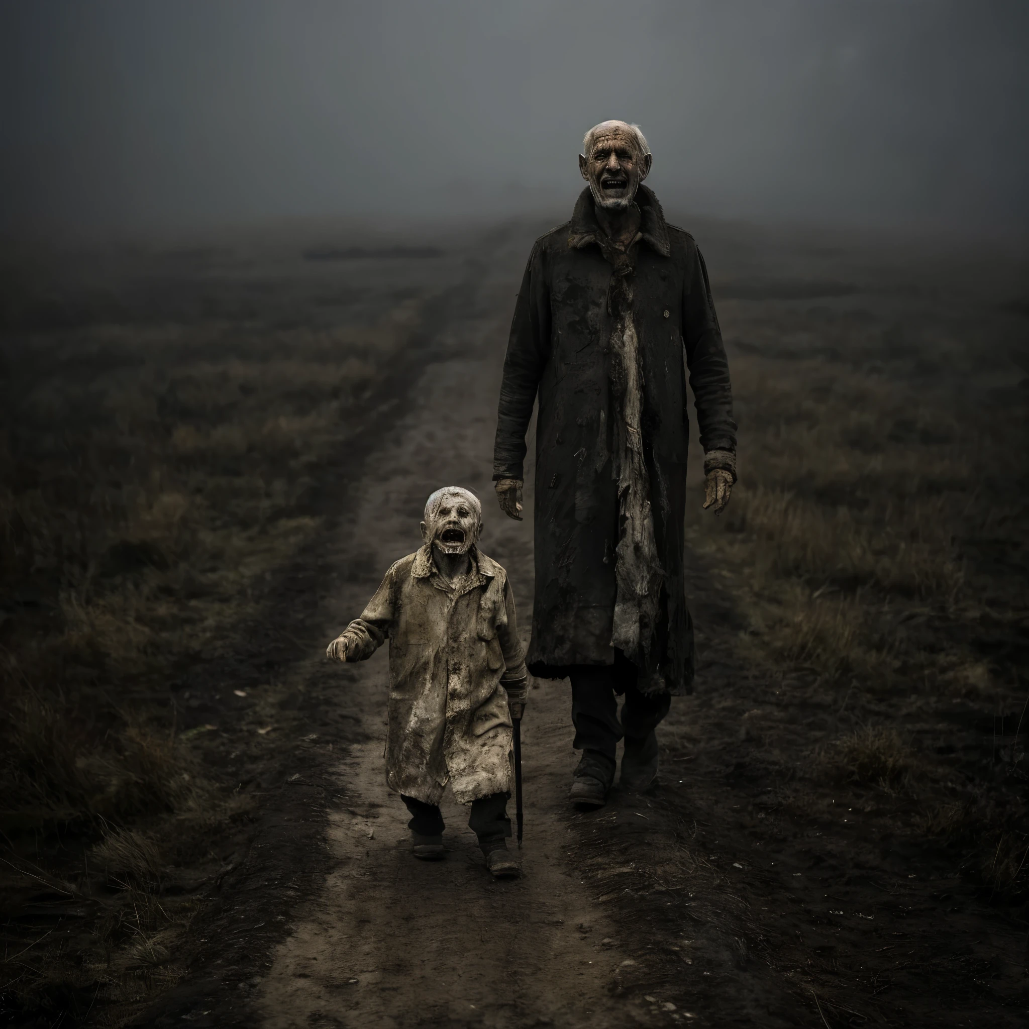 creepy scene, Disgusting old man coming, full body, creepy big knife, wearing rags, creepy smile, humedity wilderness, country side, creepy smog