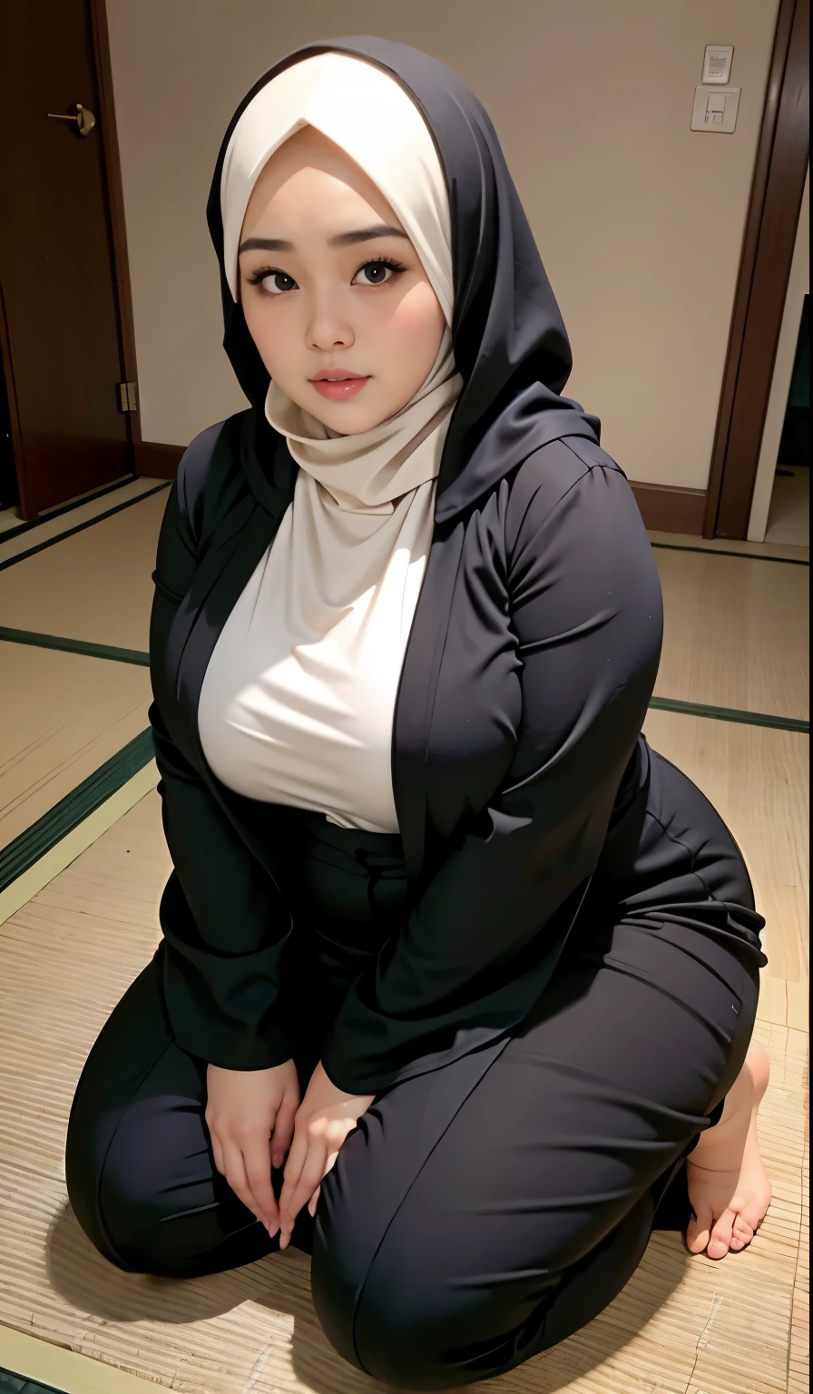 there is a woman kneeling down with a hijab, bbwchan, thicc, hijab outfit, hijab fashion model, korean girl, korean woman, wearing black robe, full length shot, alluring plus sized model, japanese goddess, clothed in hooded, voluptuous and arousing, portrait shot, curvy model, voluptuous body, wonderful, nene tanaka body , bbwchan 
