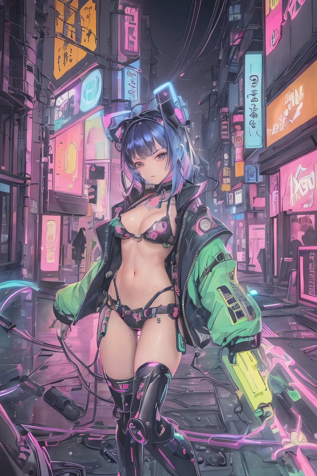 ((An exhilarating masterpiece anime illustration comes to life, showcasing a cyber girl with an extremely delicate and beautiful appearance.).), ((Her exposed face, a work of art in its own right, boasts intricate details and an ethereal allure)).), ((A mechanical member, meticulously crafted, attaches to her neck via tube connections (1.2)).), ((Her body, an intricate labyrinth of wires and cables, glistens in the neon-lit cityscape.)), ((She wears a colorful Harajuku tech jacket, emblazoned with a bold logo, adding to her allure as she assumes a dynamic pose.)), ((Be