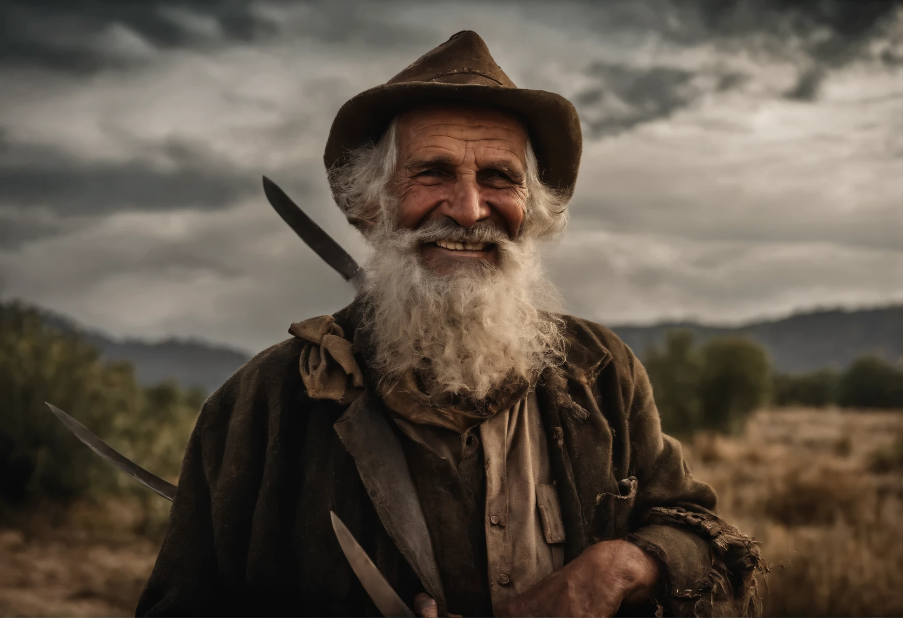 Disgusting old man, creepy big knife, wearing rags, creepy smile, humedity wilderness, country side, creepy smog