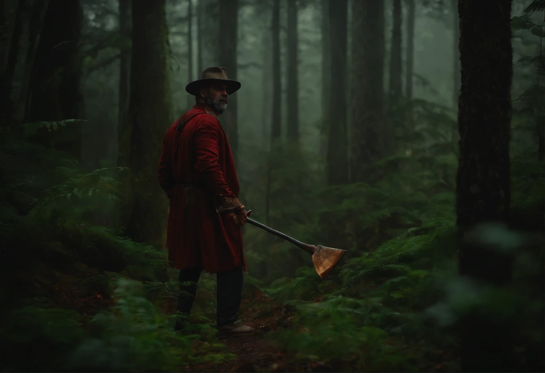 homem na floresta, aspecto anos 70, with axe in hand, mancado de sangue, terror, atitude suspeita, olhar amedrontador, roupas de terror, +18