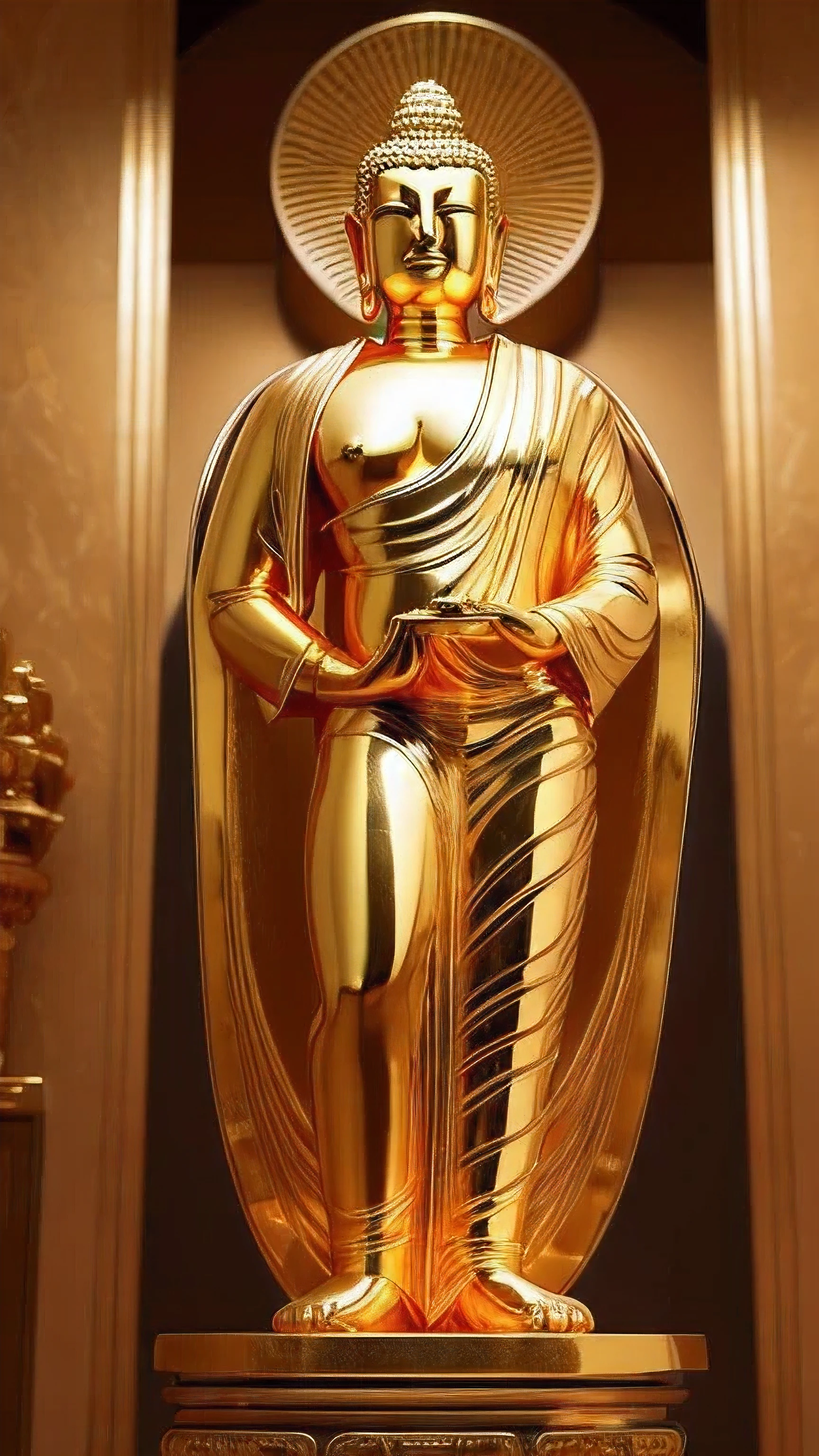 masterpiece, highest quality, 8K, 4K, Golden Buddha statue with a shining halo, Buddha教, Buddha陀, Buddha教徒, Buddha, reincarnation, enlightenment, beautiful gold saint, spiritual enlightenment, pushkaraka, enlightenment, Buddha教美術, ((Front view)), shining golden aura, enlightenment. Complex, path to enlightenment, path to enlightenment, emits golden light, Buddha陀立像,
