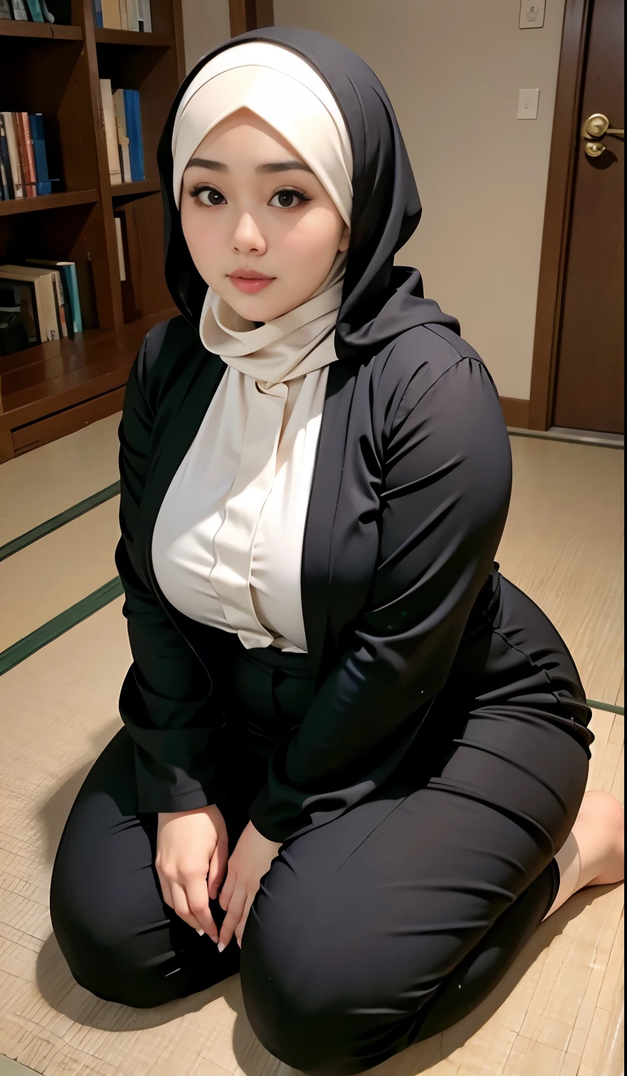 there is a woman kneeling down with a hijab, bbwchan, thicc, hijab outfit, hijab fashion model, korean girl, korean woman, wearing black robe, full length shot, alluring plus sized model, japanese goddess, clothed in hooded, voluptuous and arousing, portrait shot, curvy model, voluptuous body, wonderful, nene tanaka body , bbwchan 