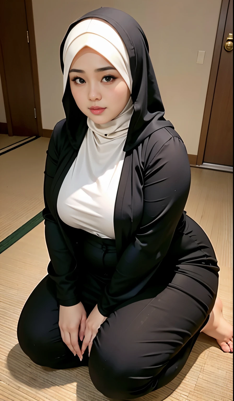 there is a woman kneeling down with a hijab, bbwchan, thicc, hijab outfit, hijab fashion model, korean girl, korean woman, wearing black robe, full length shot, alluring plus sized model, japanese goddess, clothed in hooded, voluptuous and arousing, portrait shot, curvy model, voluptuous body, wonderful, nene tanaka body , bbwchan 