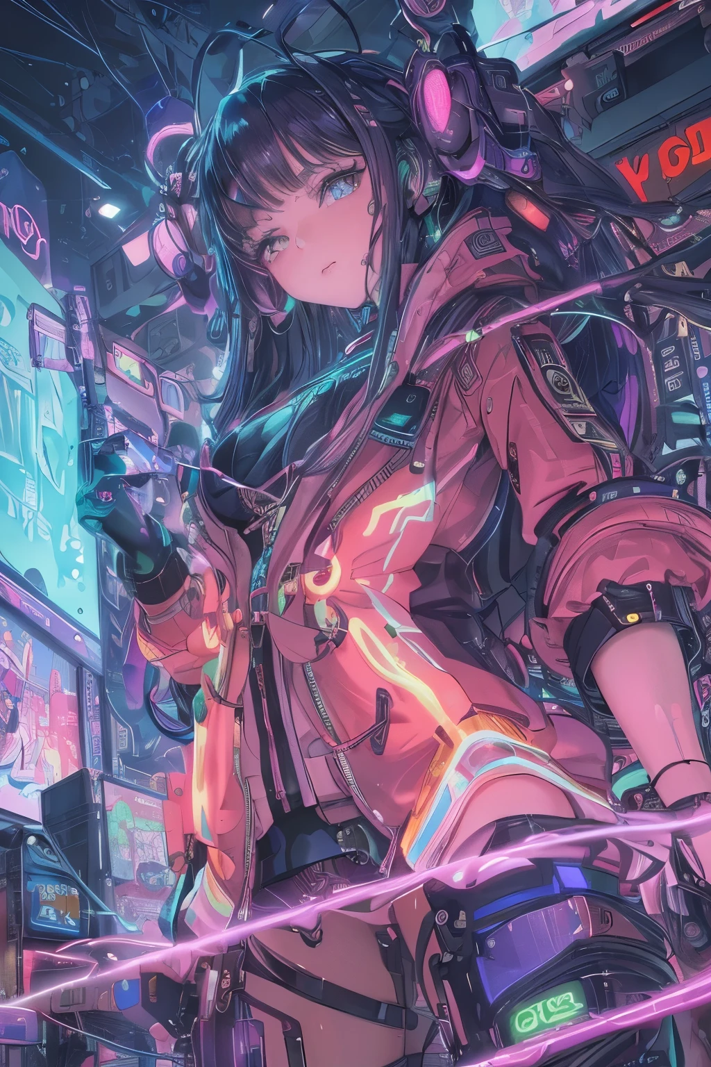 ((An exhilarating masterpiece anime illustration comes to life, showcasing a cyber girl with an extremely delicate and beautiful appearance.).), ((Her exposed face, a work of art in its own right, boasts intricate details and an ethereal allure)).), ((A mechanical member, meticulously crafted, attaches to her neck via tube connections (1.2)).), ((Her body, an intricate labyrinth of wires and cables, glistens in the neon-lit cityscape.)), ((She wears a colorful Harajuku tech jacket, emblazoned with a bold logo, adding to her allure as she assumes a dynamic pose.)), ((Be