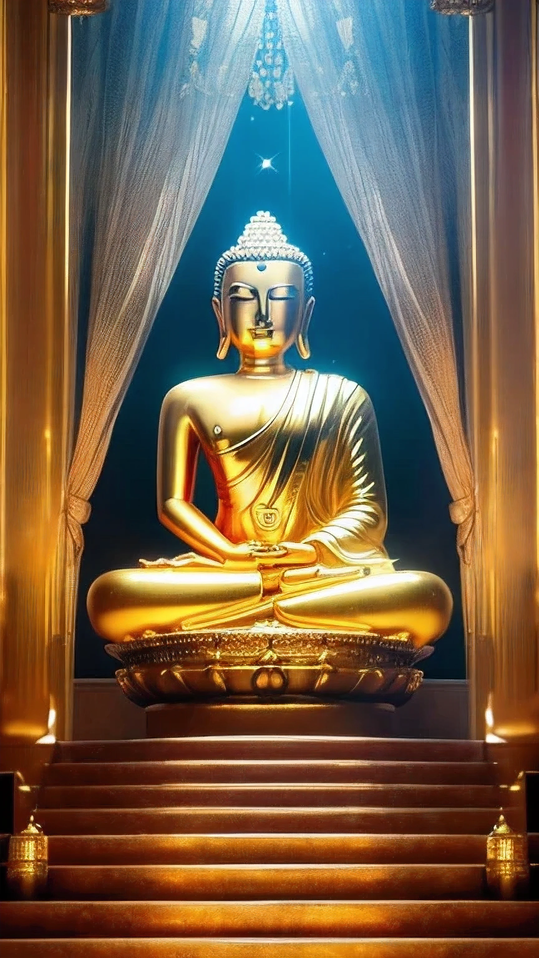 masterpiece, highest quality, 8K, 4K, Golden Buddha statue with a shining halo, Buddha教, Buddha陀, Buddha教徒, Buddha, reincarnation, enlightenment, beautiful gold saint, spiritual enlightenment, pushkaraka, enlightenment, Buddha教美術, ((Front view)), shining golden aura, enlightenment. Complex, path to enlightenment, path to enlightenment, emits golden light, Buddha陀立像,