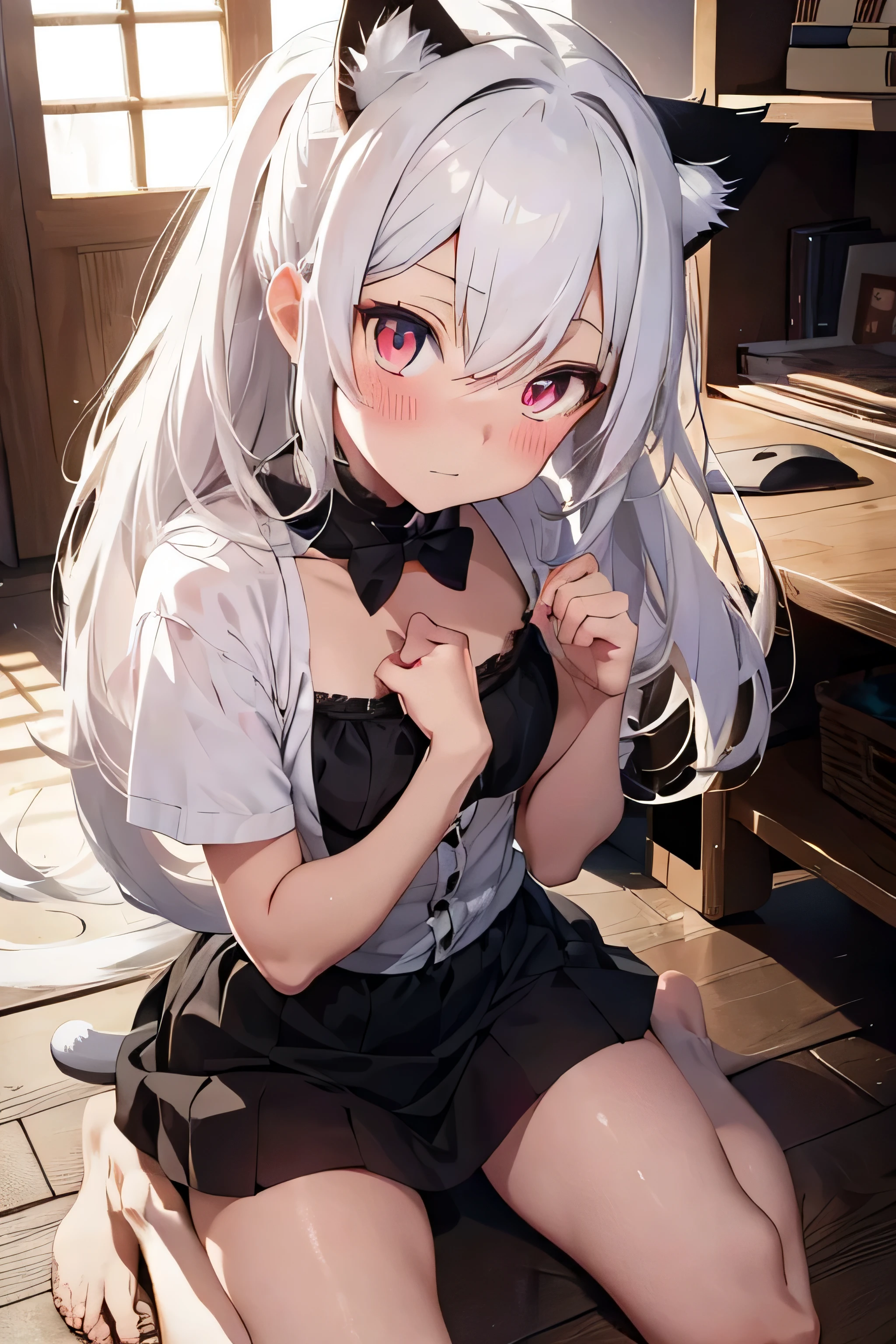 best quality, ultra precision, 1girl,one_finger_selfie_challenge,hand cover boob,hand cover  cute, , young, boyish, childish, sbreasts, silver hair, cat ears, blue eyes, beautiful eyes,  girl, ecstasy, sailor collar, estrus, metestrus, start to undress, naughty mood, bed room.bare, she loves you, sexy, lost virgin, virgin, blush, beautiful skin, big bow on chest naked I'm not wearing panties