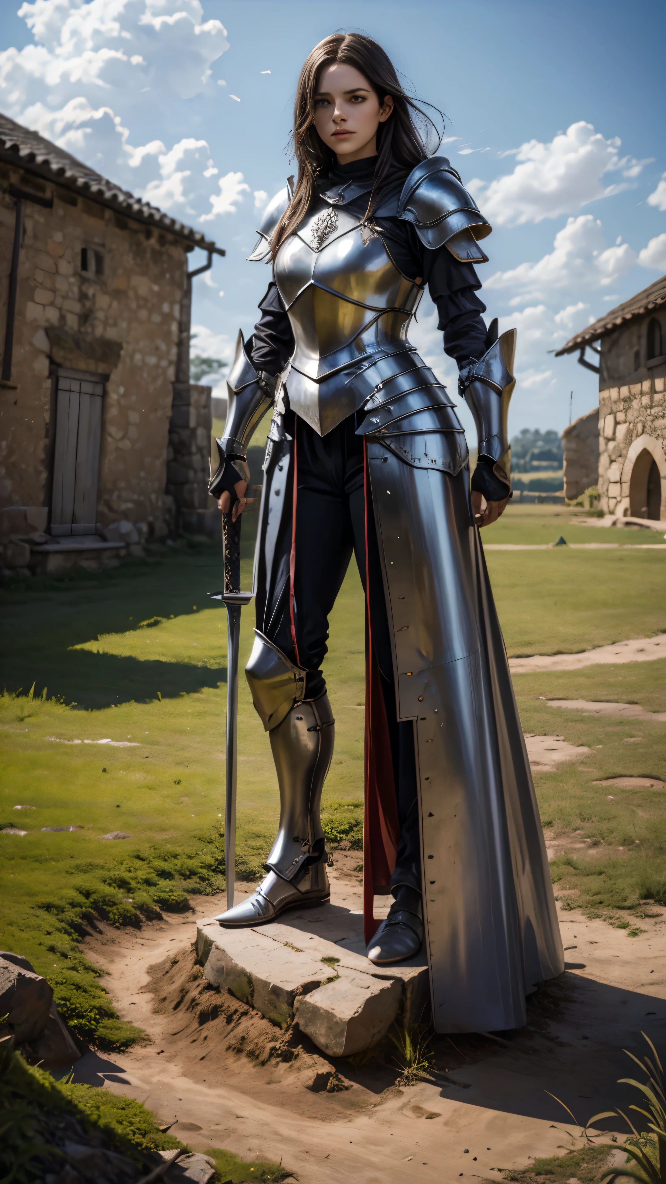 em armadura,leaning over the claymore sword stuck in the ground,cabelo amarrado,armadura fechada,camera de frente,Joana d'Arc,medieval,Europa Medieval,prato cheio,detalhado,realista,4k