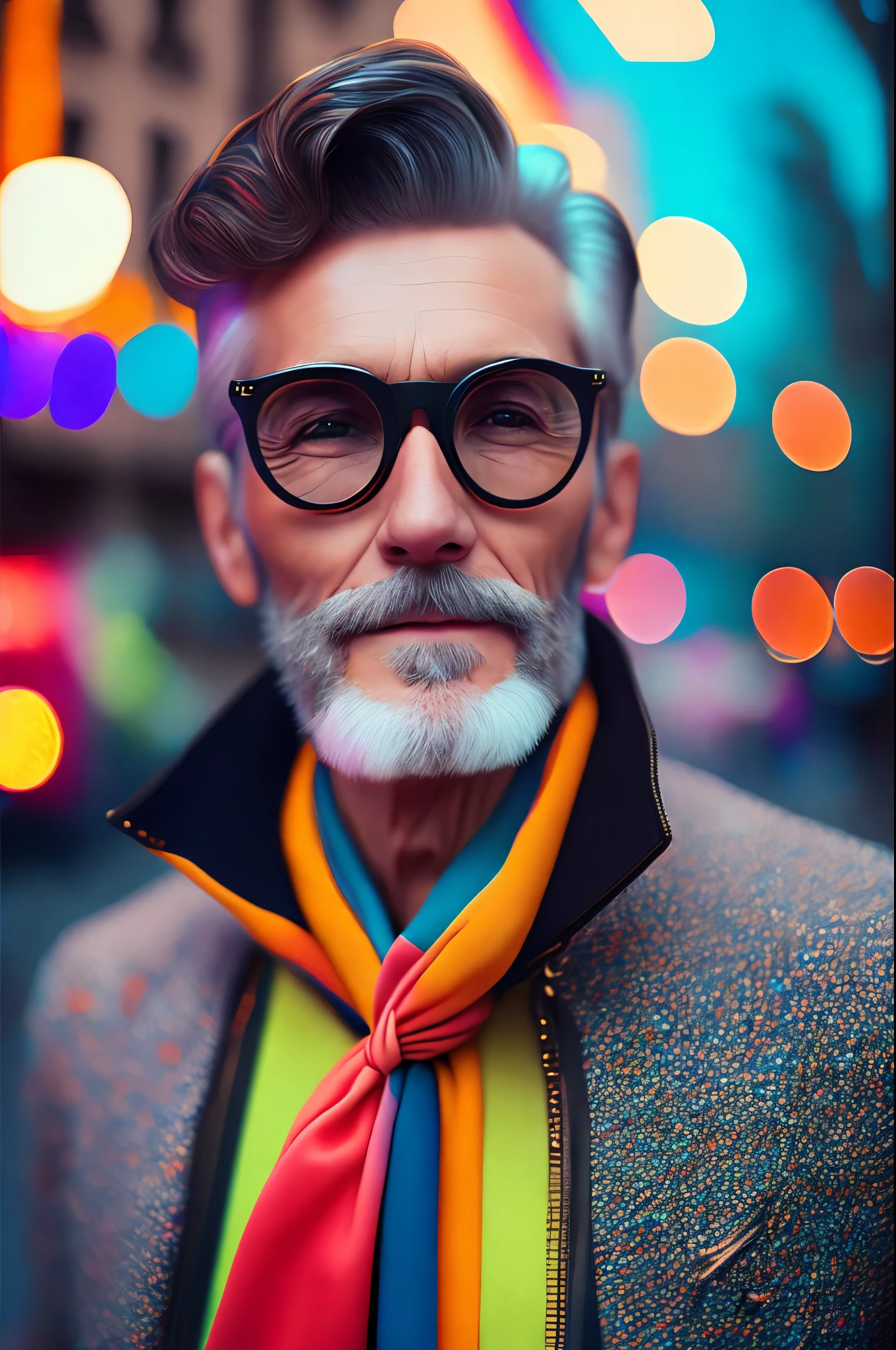 (fashionista portrait old european man, 1950s with intricate colorful modern bright colored glasses), c0lorful cute hair, smiling expression, (extremely detailed digital photography: 1.2), standing in the middle of the city, ((((full body)))), raw image,, Hasselblad, 50asa, f8, 12mm, glow effects, godrays, hand drawn, render, 8k, octane render, cinema 4d, blender, dark, atmospheric 4k ultra detailed,  cinematic sensual, sharp focus, humorous illustration, great depth of field, masterpiece, colors, 3d octane rendering, 4k, concept art, trend in artstation, hyperrealistic, vivid colors, rim light, extremely detailed CG 8k wallpaper unit, trend in ArtStation, trend in CGSociety, Pop Art style by Erik Madigan Heck, Intricate, High Detail, dramatic, pure energy,  Light particles, Sci-Fi