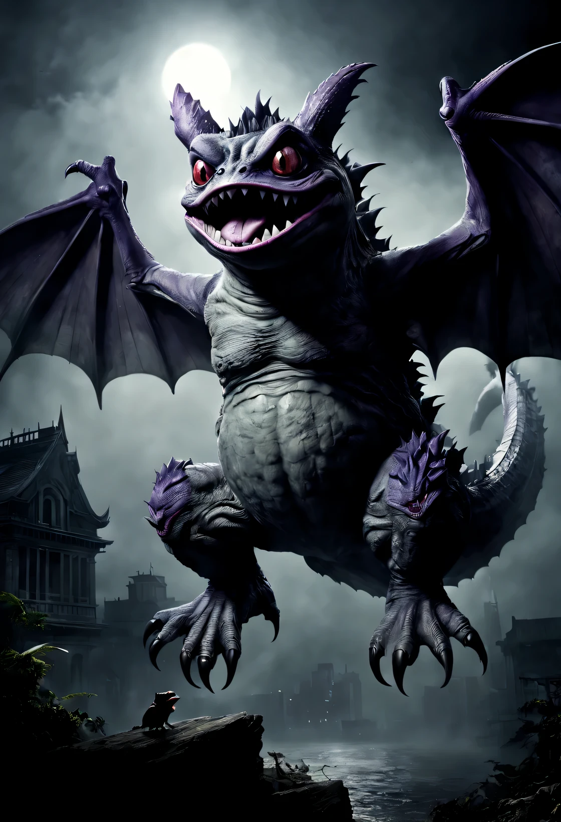 (best quality,Super detailed,actual:1.37),(fear,biology,dark atmosphere:1.1),(Gengar style,Godzilla,one,frogs:Bigger wings,Long tongue,Huge tail,open mouth:Weird style:1.1),(no humans,black and grey:1.2),(ominous backlight,shadow:black and grey调:1.1)