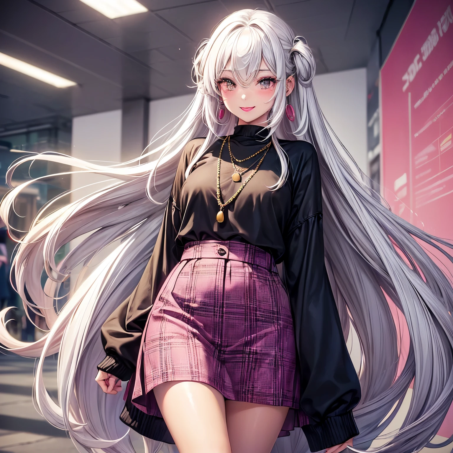 1girl, (((beautiful))), (((long loose silky hair, any colour hair))), (((any skin colour, any complexion))), (((lipstick, any colour lipstick))), (((any jewellery))), (((blush))), (((smile))), ((((casual 90's clothes, fashionable 90's attire, trendy style)))), (((stylish accessories))), (((colourful 90's background, any pattern)))