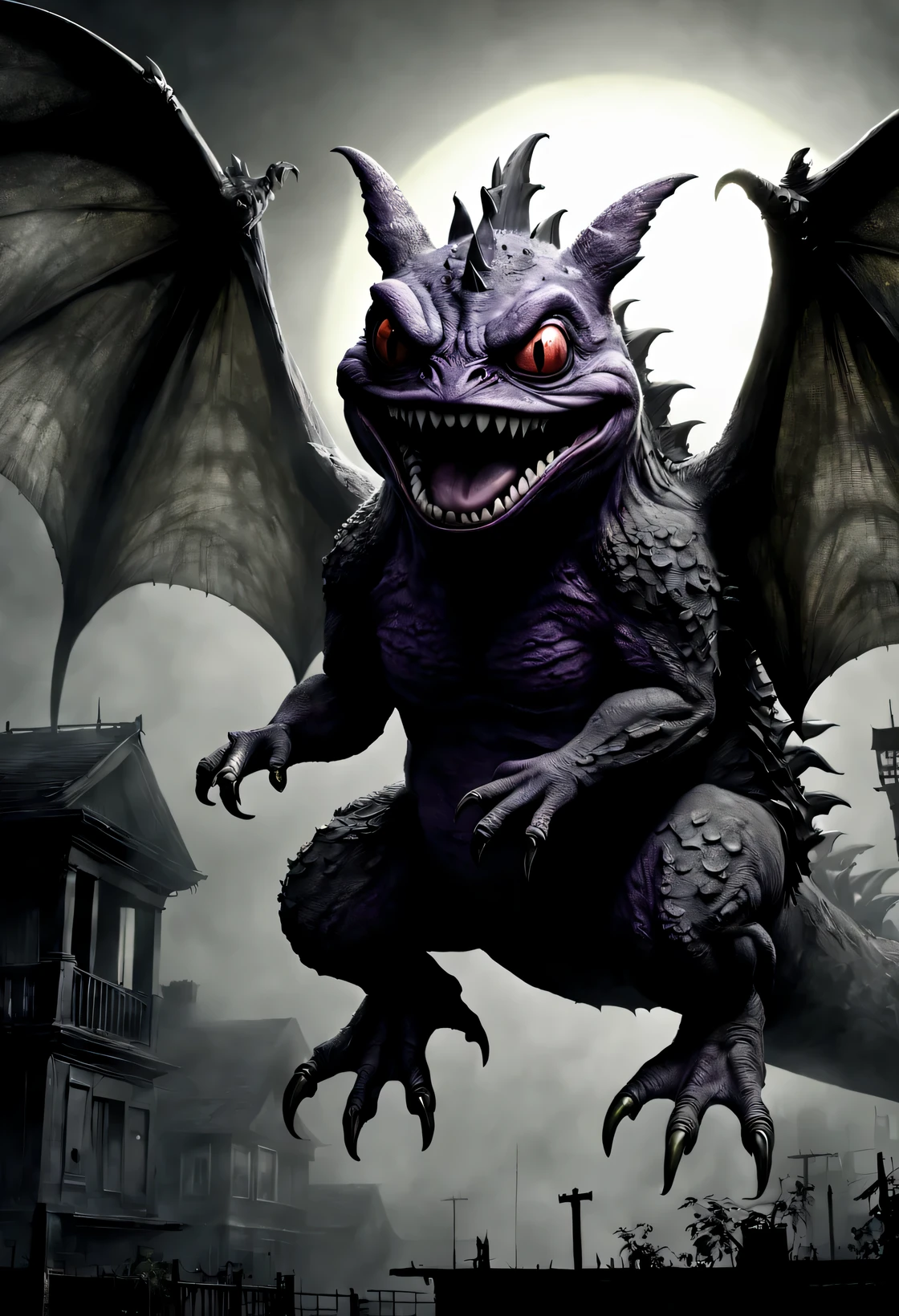 (best quality,Super detailed,actual:1.37),(fear,biology,dark atmosphere:1.1),(Gengar style,Godzilla,one,frogs:Bigger wings,Long tongue,Huge tail,open mouth:Weird style:1.1),(no humans,black and grey:1.2),(ominous backlight,shadow:black and grey调:1.1)