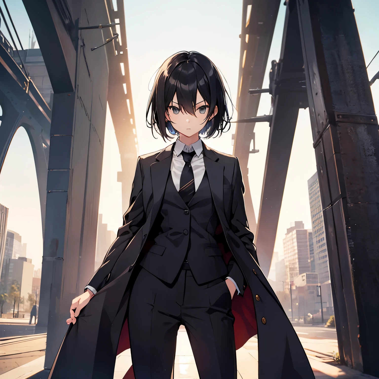 Girl, black hair, slender, suit style, short hair, short twin swords, standing figure