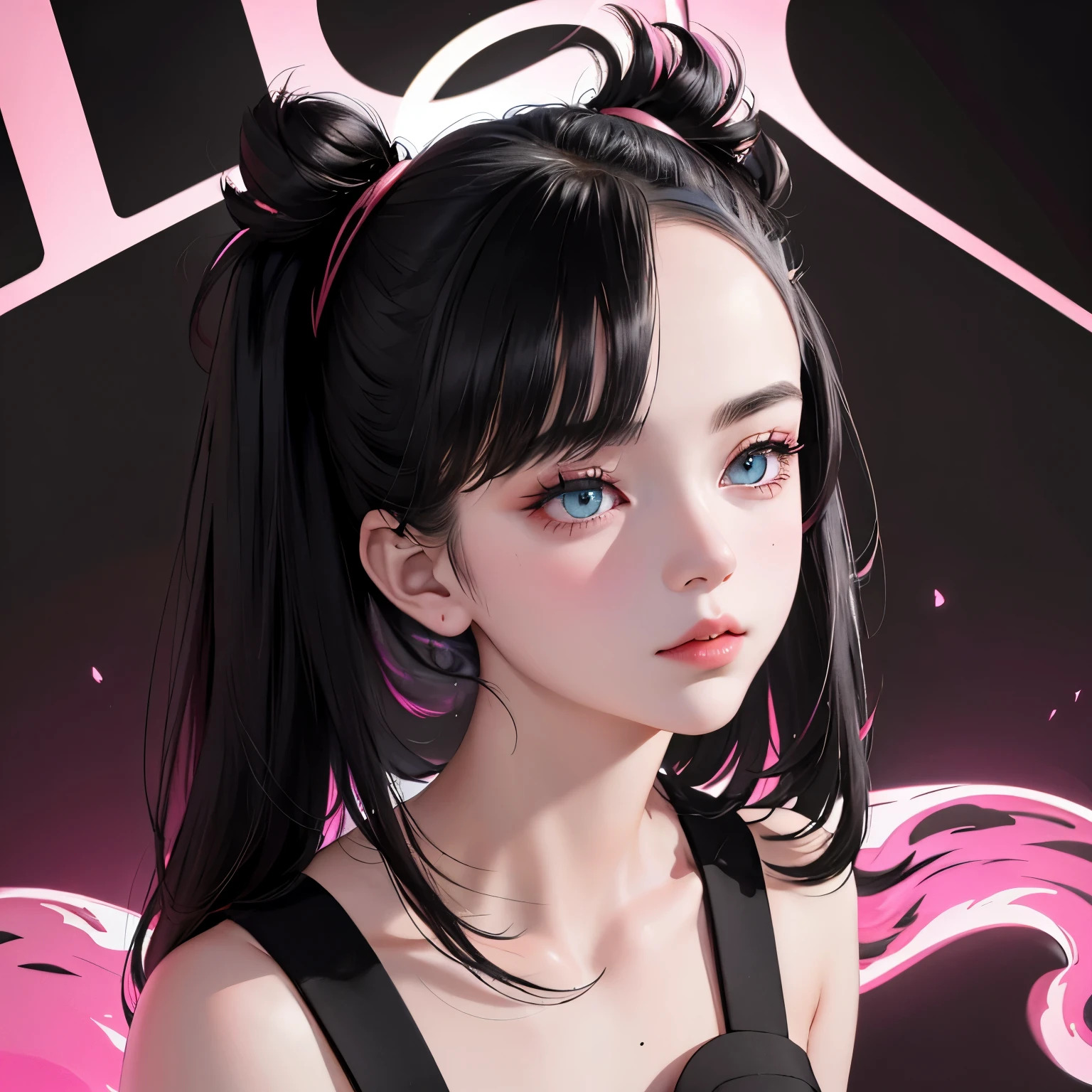 An exquisite masterpiece of top quality and high resolution featuring Marnie. Big sleepy eyes, Aqua eyes、Glowing under the dim light. black hair, much hair, messy hair, only head and shoulders, magazine style, pink top, hyperrealistic.