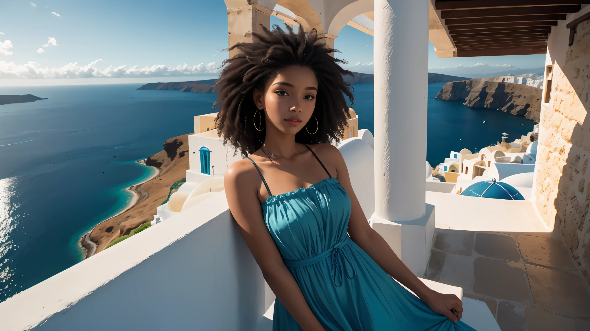 Beautiful black girl, Afro hair, frizzy textured hair. Beautiful detailed face, high detail, gorgeous eye. High detailed hands. Beautiful, flowing, sheer cloth sundress. View of the ocean from Santorini Greece. Beautiful blue dome architecture, Daytime architecture. Mediterranean. Light reflecting off ocean waves in the distance. Lovely dramatic sky