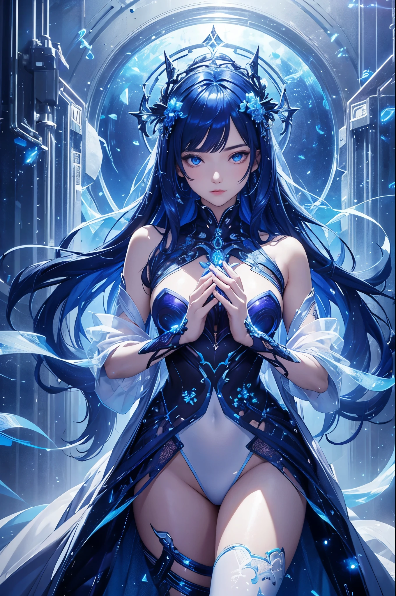 Full figure, seven -clinging shooting, 18 years old, wearing transparent science fiction clothes, exquisite faces, details, hands, ultimate details, amazing magnificence, LED internal lighting, Pedaipan style, fiber hair, glowing blue iris, glowing blue iris. ,,