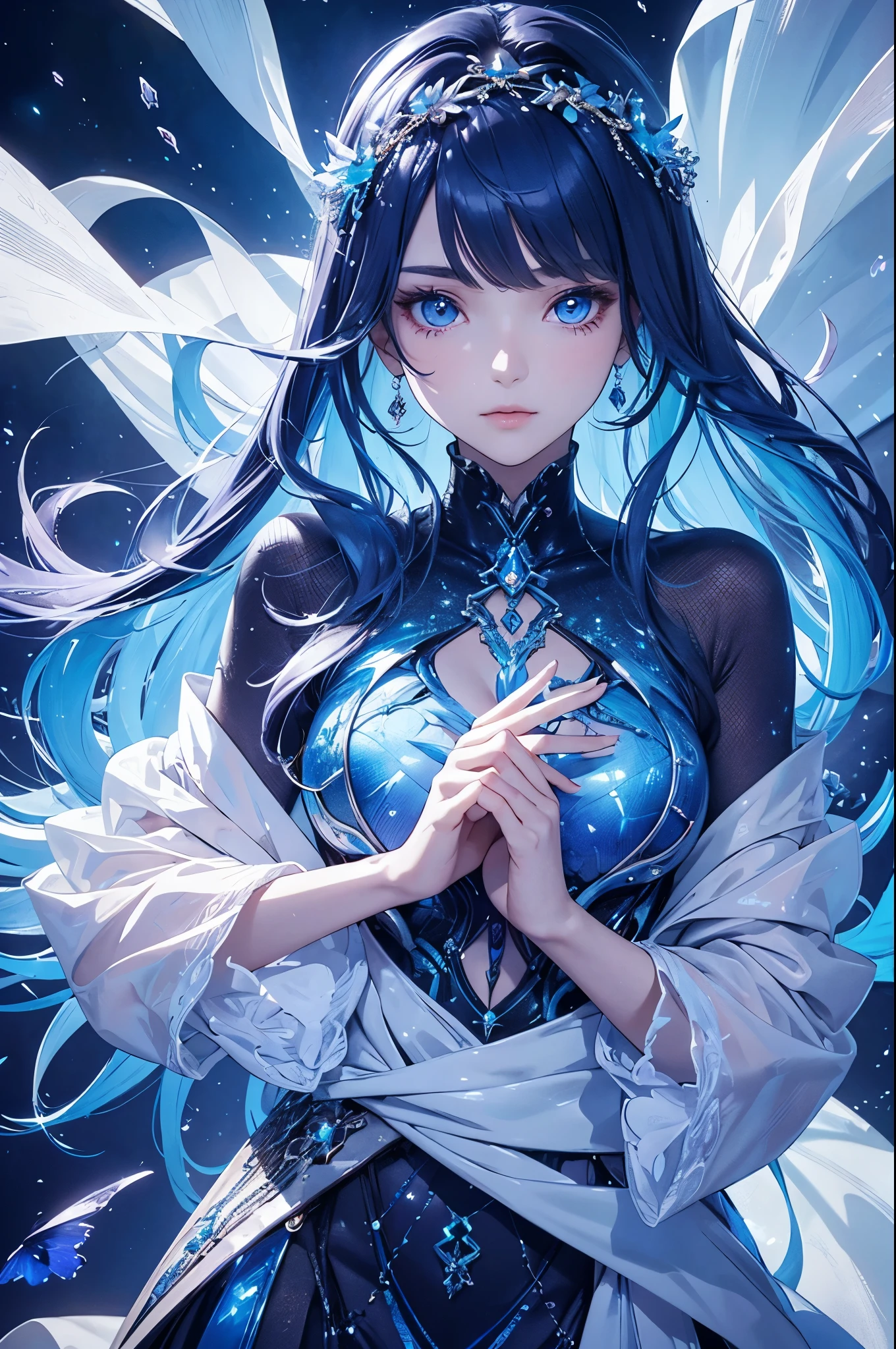 Full figure, seven -clinging shooting, 18 years old, wearing transparent science fiction clothes, exquisite faces, details, hands, ultimate details, amazing magnificence, LED internal lighting, Pedaipan style, fiber hair, glowing blue iris, glowing blue iris. ,,