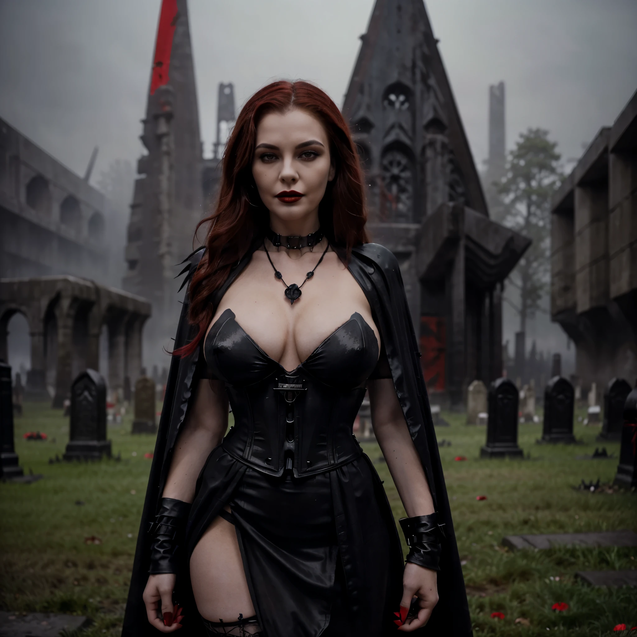 Beautiful 20 year old woman, large tits, with short messy wavy red hair, wearing a red corset with black accents and black cloak, standing in a foggy cemetery at night, (red lipstick:1.5), realistic skin texture, (cross necklace:1.2), (looking at camera:1.3), (Brutalism and Gothic Art:1.4), photo realistic, 8k