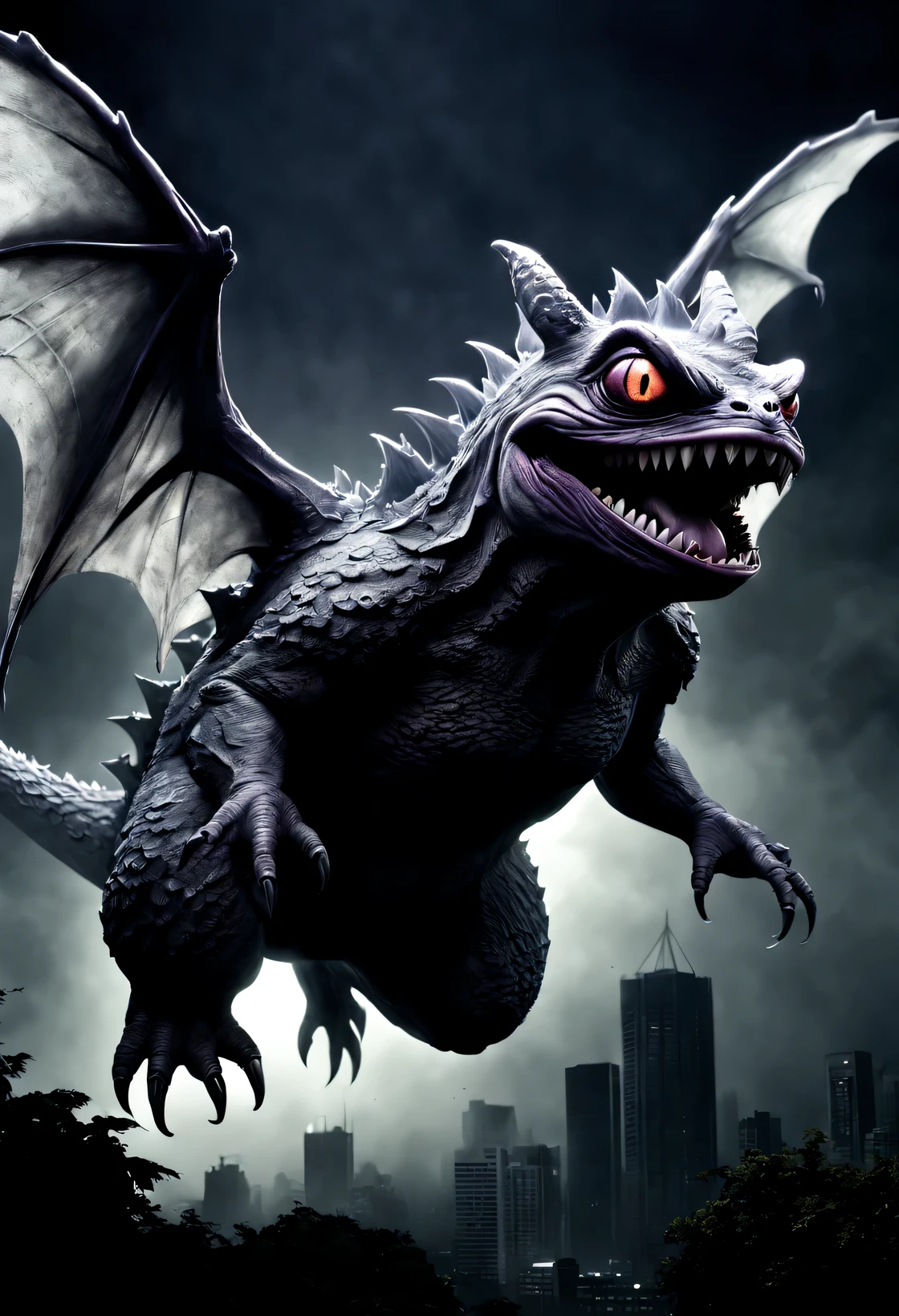 (best quality,Super detailed,actual:1.37),(fear,biology,dark atmosphere:1.1),(Gengar style,Godzilla,one,frogs:Bigger wings,Long tongue,Huge tail,open mouth:Weird style:1.1),(no humans,black and grey:1.2),(ominous backlight,shadow:black and grey调:1.1)