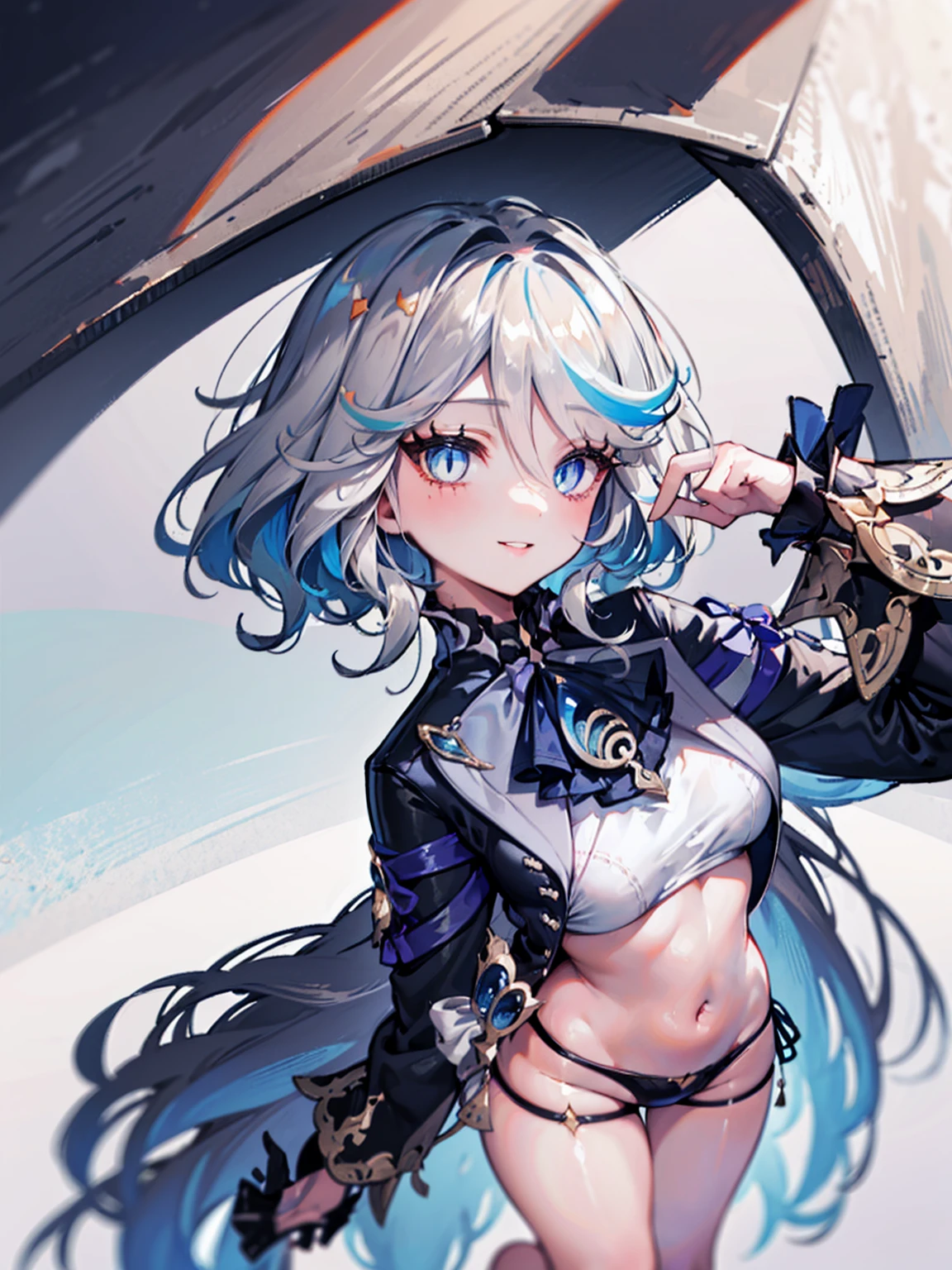 art, best quality, full body, sexy body, big breasts slightly open, ultra detailed, bright, bright light, high definition, depth of field, (perfect face, detailed face, detailed eyes, perfect hands), 8k, high definition, ultra realistic face, perfect lighting, best quality, ultra-detailed, bright eyes, navel showing, (looking at the viewer, smile: 1.1), ((1 girl)), thighs, cloak, furina, long hair, hair over the eye , ((gradient hair)), Multicolored eyes, gradient eyes, (bright eyes: 1.5), mascara, (FASHION MAKEUP), parted lips, blush, small jacket, slightly open short shorts, detailed clothes, , (( super detailed background)), ((8k wallpaper)),