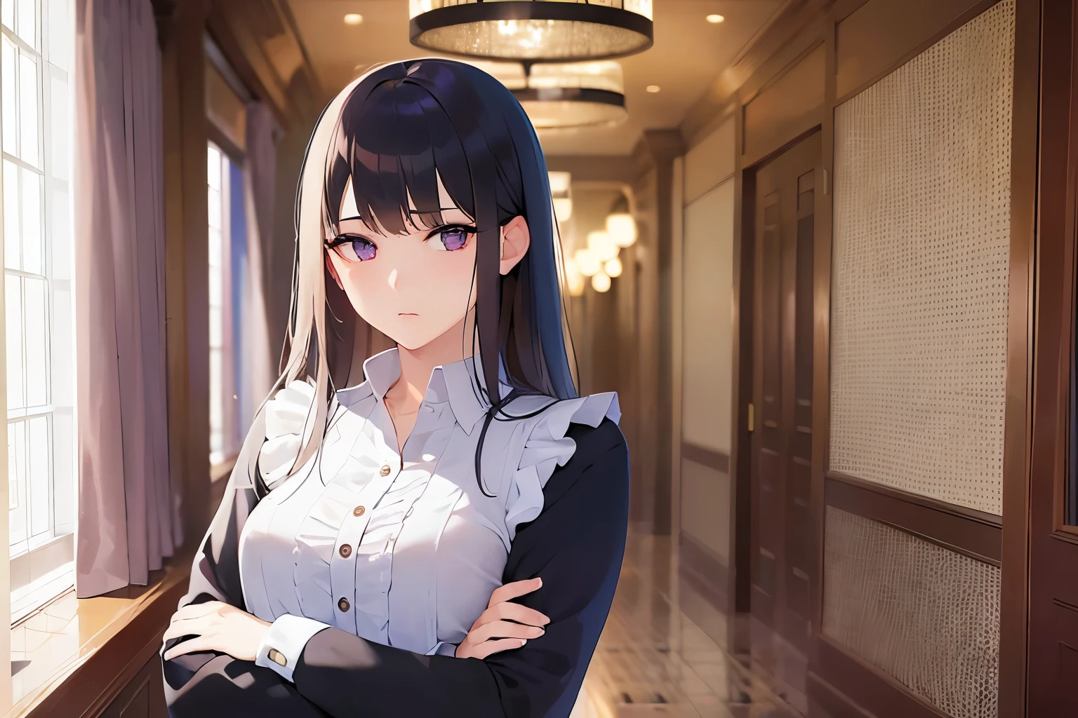 arms crossed、looking side, POV、Realistic, real person, RAW photo, photorealistic, portrait photography, shiny skin, japanese idol、(A 20-year-old woman with black bangs and purple eyes.) and (blunt bangs) and (straight midium hair), (wearing a white frilly blouse:1.5)、 displeased look, open moth, The background is the hotel hallway、Alone、Are standing