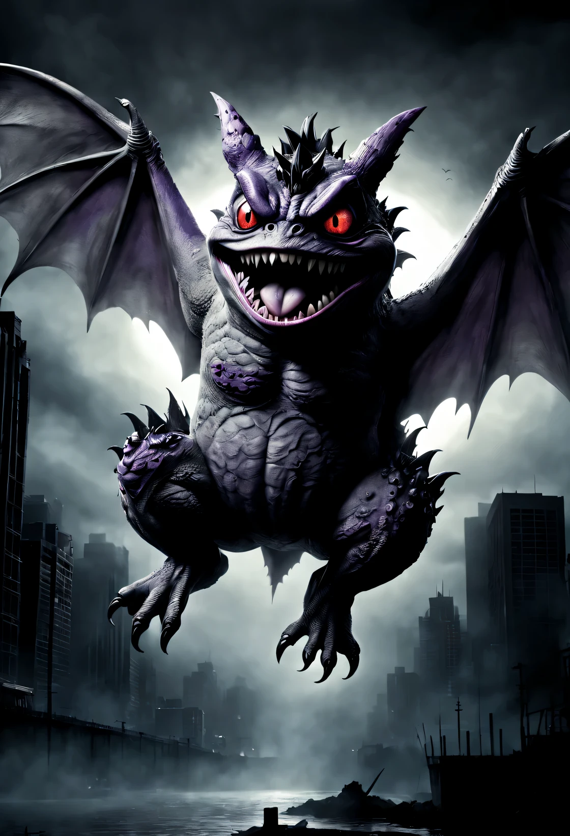 (best quality,Super detailed,actual:1.37),(fear,biology,dark atmosphere:1.1),(Gengar style,Godzilla,one,frogs:Bigger wings,Long tongue,Huge tail,open mouth:Weird style:1.1),(no humans,black and grey:1.2),(ominous backlight,shadow:black and grey调:1.1)