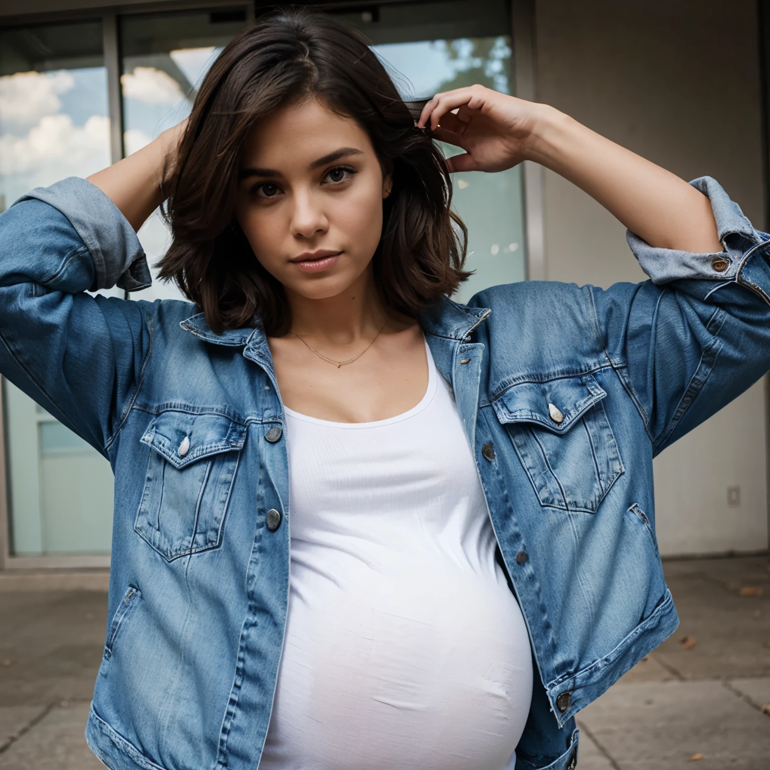 A pregnant Woman with a denim jacket
