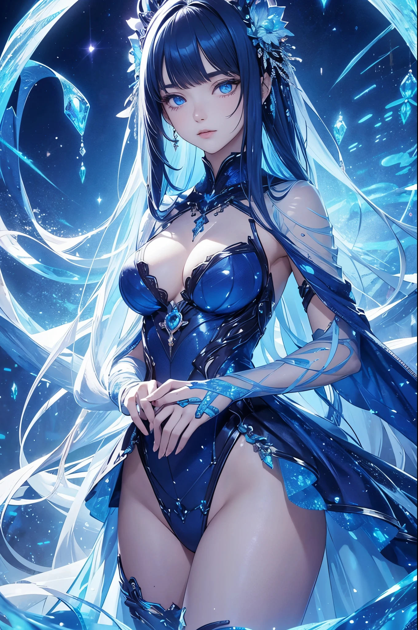 Full figure, seven -clinging shooting, 18 years old, wearing transparent science fiction clothes, exquisite faces, details, hands, ultimate details, amazing magnificence, LED internal lighting, Pedaipan style, fiber hair, glowing blue iris, glowing blue iris. ,,