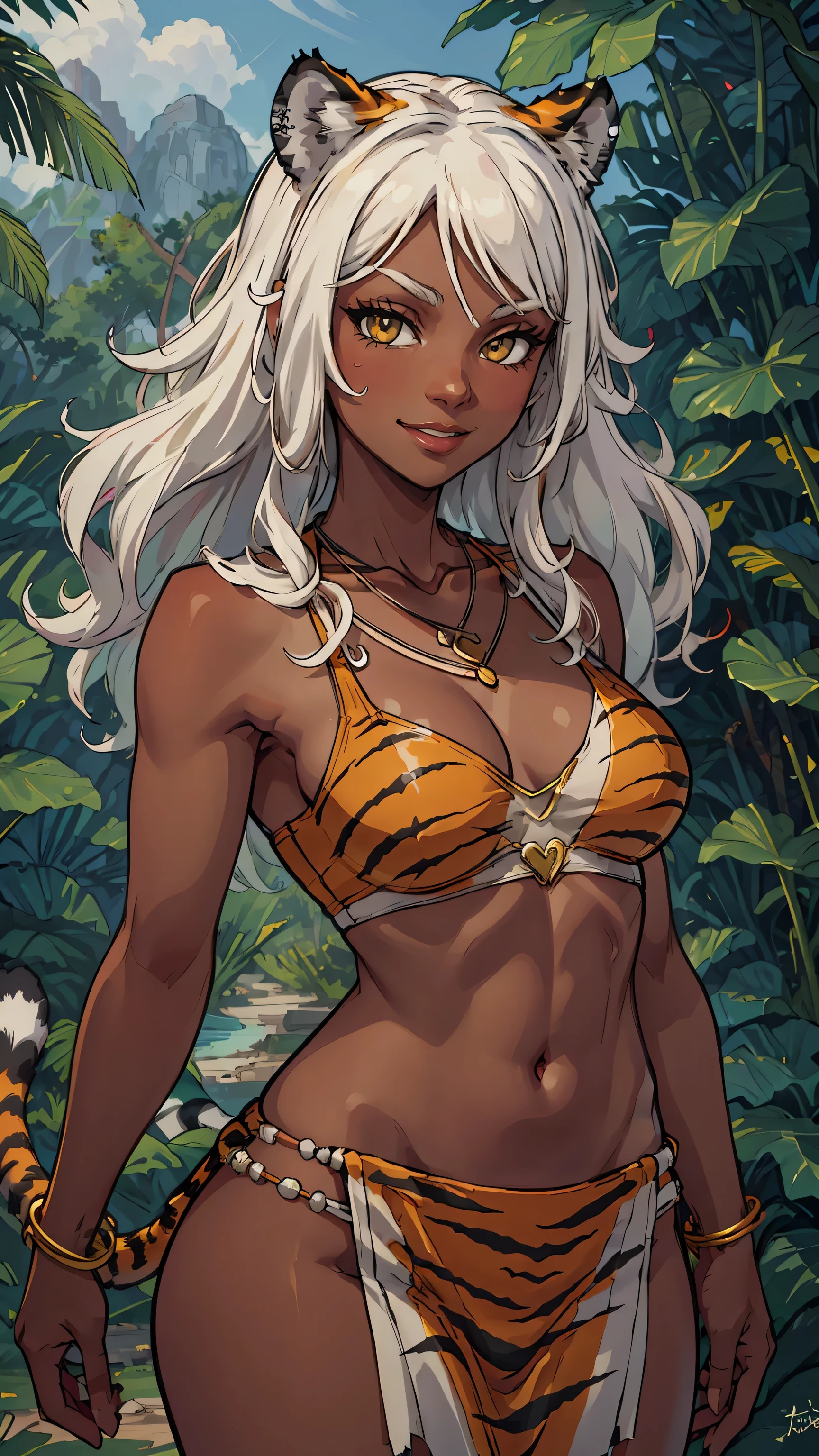 masterpiece, best quality, 1girl, beautiful face,
Toni_Citron_OC,
tiger ears, tiger tail, white hair, dark skin, necklace, animal print, pelvic curtain,
solo, looking at viewer, smiling, upper body, beautiful orange eyes,