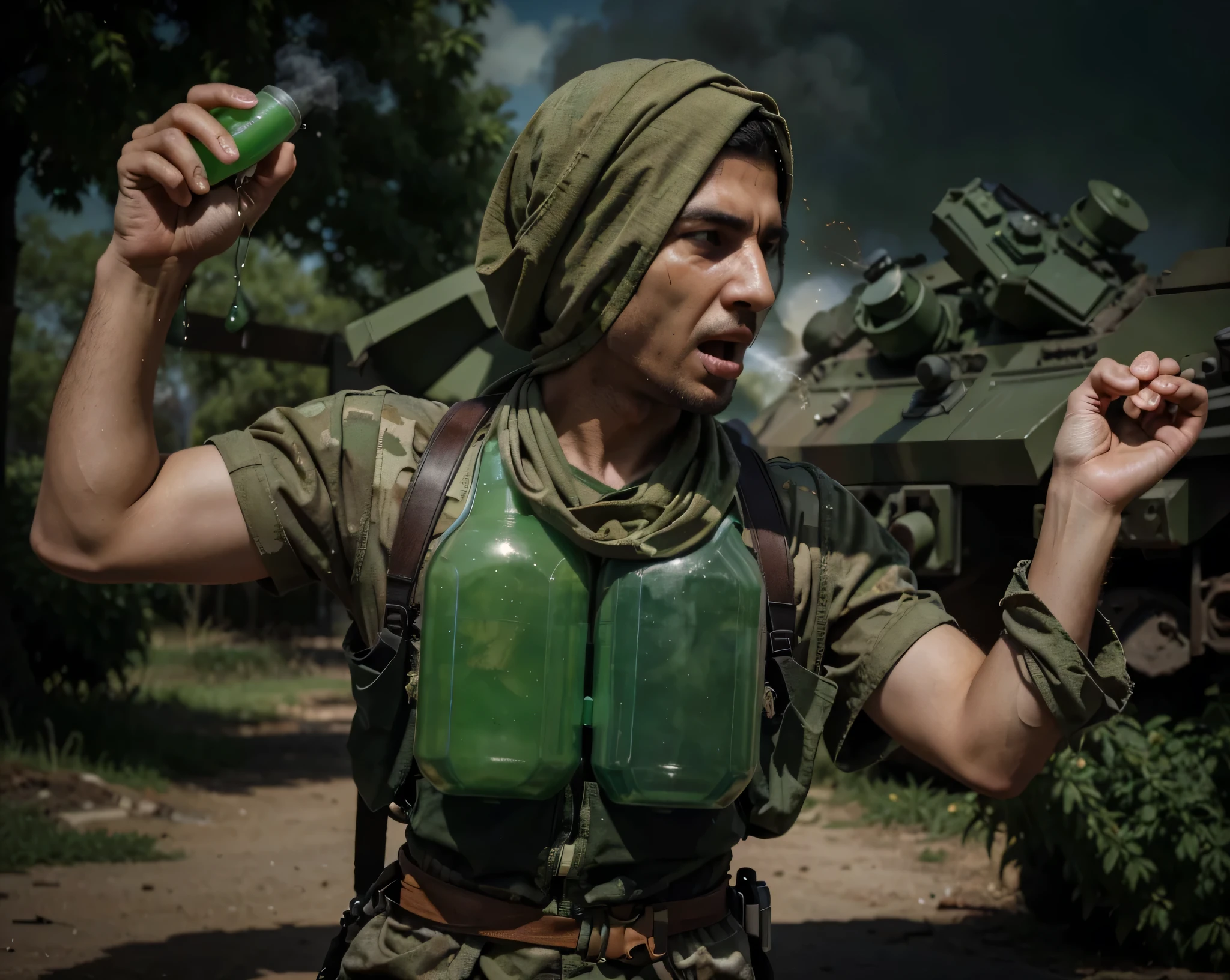 Soldado masculino, Cara de Oriente Medio, esta gritando, His head is covered by a green kufiya scarf., skin with green marks from chemical burns, beige military uniform with lime green details stained with chemical green, He wears a bulletproof vest with transparent tubes filled with green liquid. He has tubes and cables., sostiene un detonador en su mano, nube verde toxica, cielo verdoso, fire and a lot of green toxic smoke, 4k, ultra detallado image, Realista, muy detallado, perfect composition, gorgeous, Intrincadamente detallado, incredibly detailed, 8 k artistic photography, hiper detallado, obra maestra, ultra detallado, hyper Realista, 4k, ultra detallado image, Realista, muy detallado, perfect composition, hermoso, Intrincadamente detallado, incredibly detailed, 8 k artistic photography, hiper detallado, obra maestra