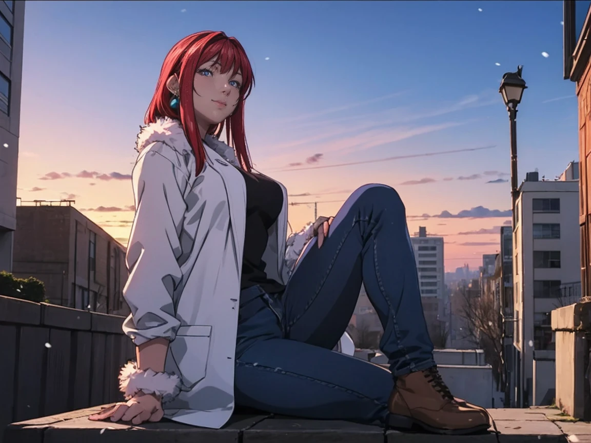 (high quality:1.2), intricate detailed, TakashiroHiroko, alone, mature female, solo, sitting on table, spread legs, full body, looking at viewer, smirk, purple eyes, long hair, red hair, earrings, jewelry, (masterpiece, best quality:1.2), solo, 1girl, mistralrose, looking at viewer, hand in pocket, fur-trimmed coat, jeans, snowing, city street, sky, sunlight, city, complex background, sunset,