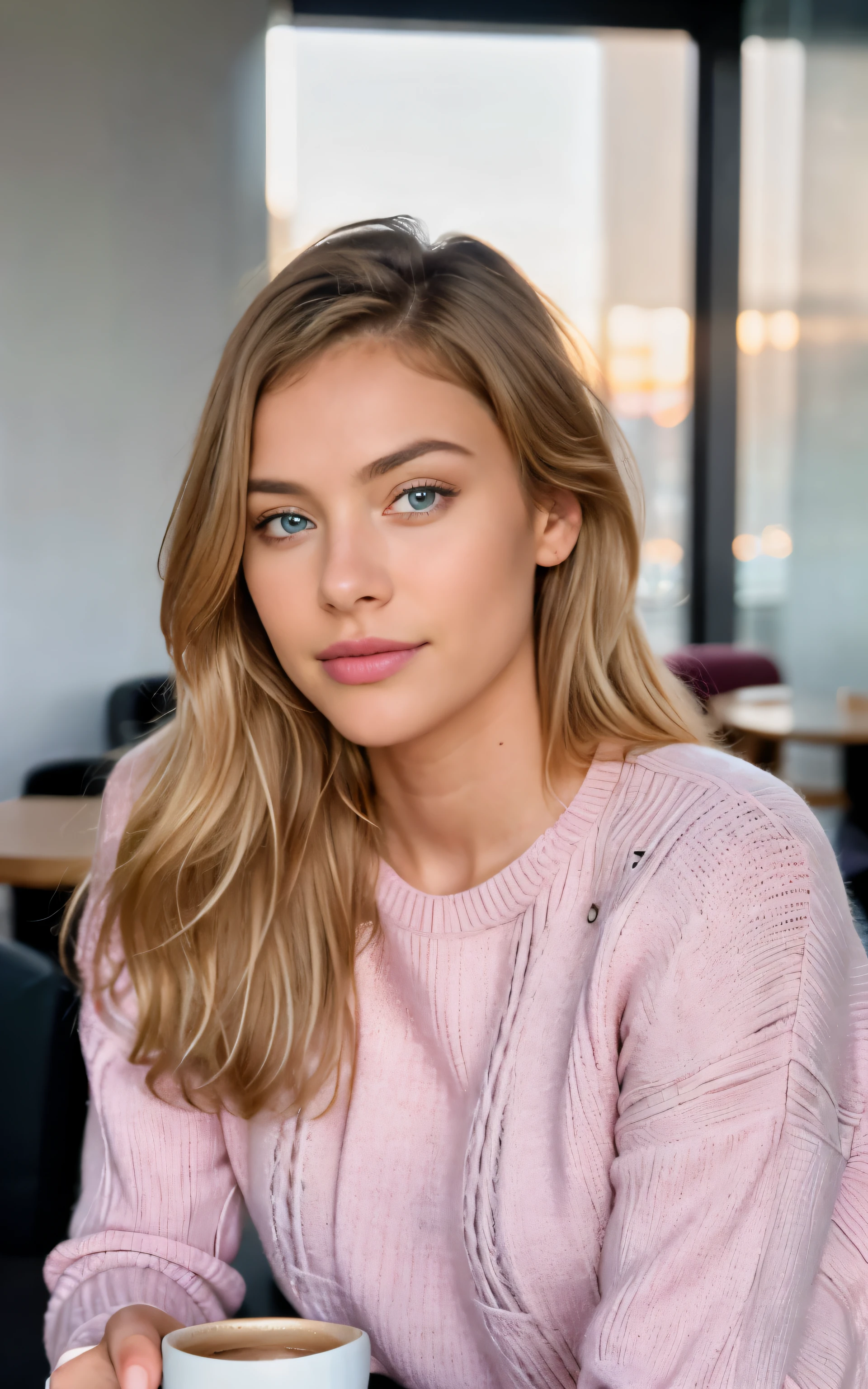 Beautiful blonde wearing pink sweater (drinking coffee inside a trendy cafe at sunset), muito detalhado, 21 anos de idade, rosto inocente, cabelos ondulados naturais, olhos azuis, high resolution, obra de arte, melhor qualidade, detalhes intrincados, altamente detalhado, sharp focus, pele detalhada, realista skin textura, textura, olhos detalhados, profissional, 4k, sorriso charmoso, filmado em Canon, 85mm, profundidade superficial de campo,  Kodak Vision Colors, corpo em forma perfeita, extremamente detalhado, foto_\(ultra\), photorealista, realista, post-processing, maximum detail, rugosidade, Vida real, ultra realista, fotorrealismo, fotografia, 8K Ultra HD, fotografia