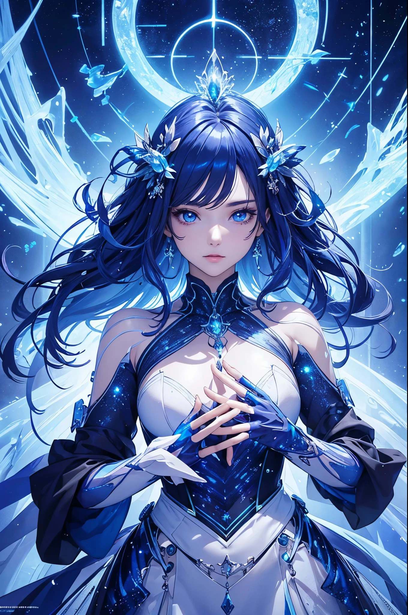 Full figure, seven -clinging shooting, 18 years old, wearing transparent science fiction clothes, exquisite faces, details, hands, ultimate details, amazing magnificence, LED internal lighting, Pedaipan style, fiber hair, glowing blue iris, glowing blue iris. ,,