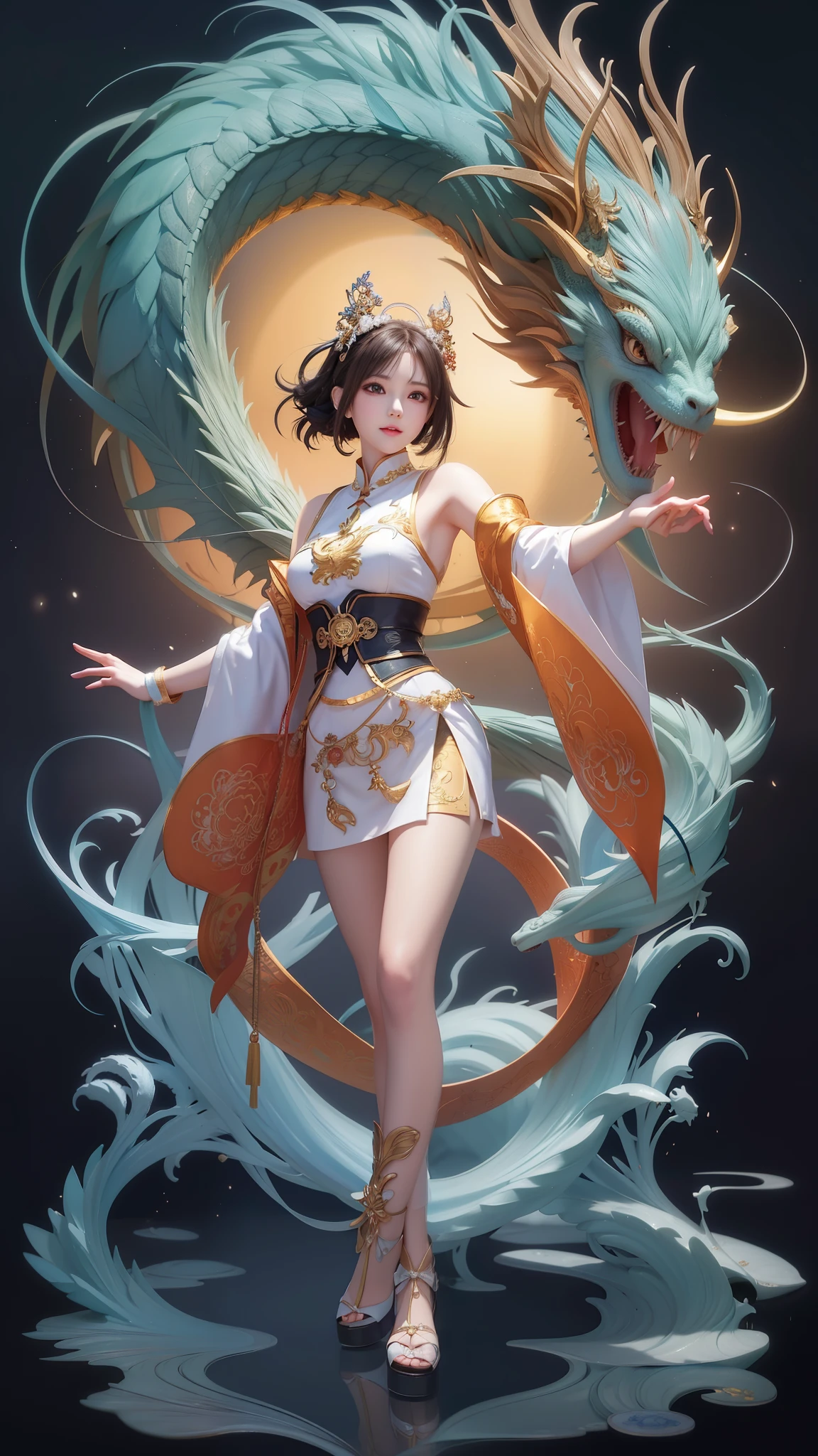 anime girl with dragon and moon in background, by Yang J, A beautiful artwork illustration, Beautiful character painting, Anime fantasy illustration, rossdraws sakimimichan, Inspired by Ai Xuan, trending on cgstation, author：Oliver Sheen, Alice X. zhang, author：Qu Leilei, By Li Song, the dragon girl portrait, Beautiful digital artwork