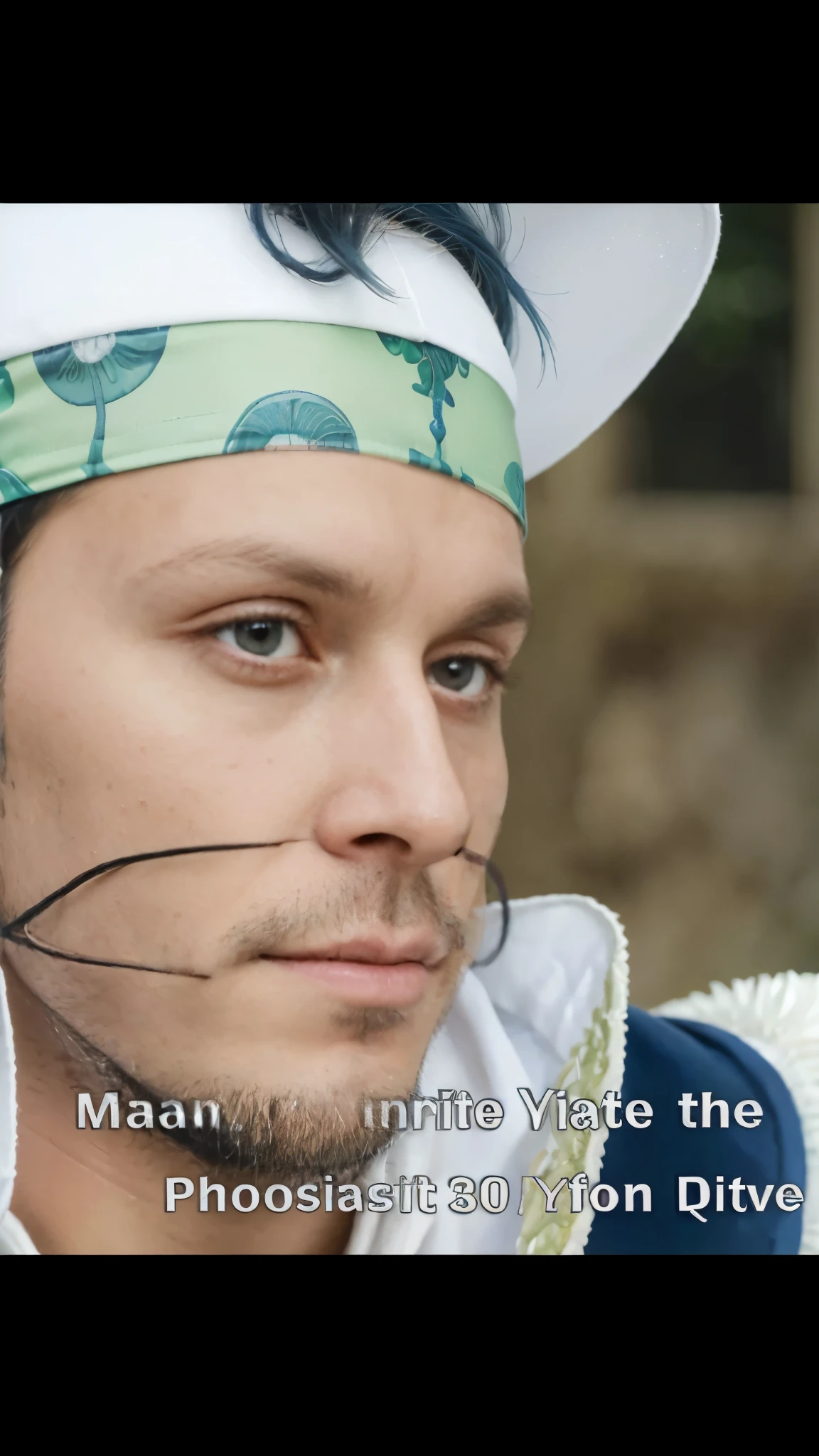 (masterpiece), (realistic), (ultra detailed), ( high reest quality), (photorealistic), (perfect face), (perfect anatomy), ((Franciscan)), man, male, solo, (((30 years old))), buggy from one piece, buggy, one piece, long hair, blue hair, wearing big hat, wearing a white robe, wearing, a white hat, wearing a green headband