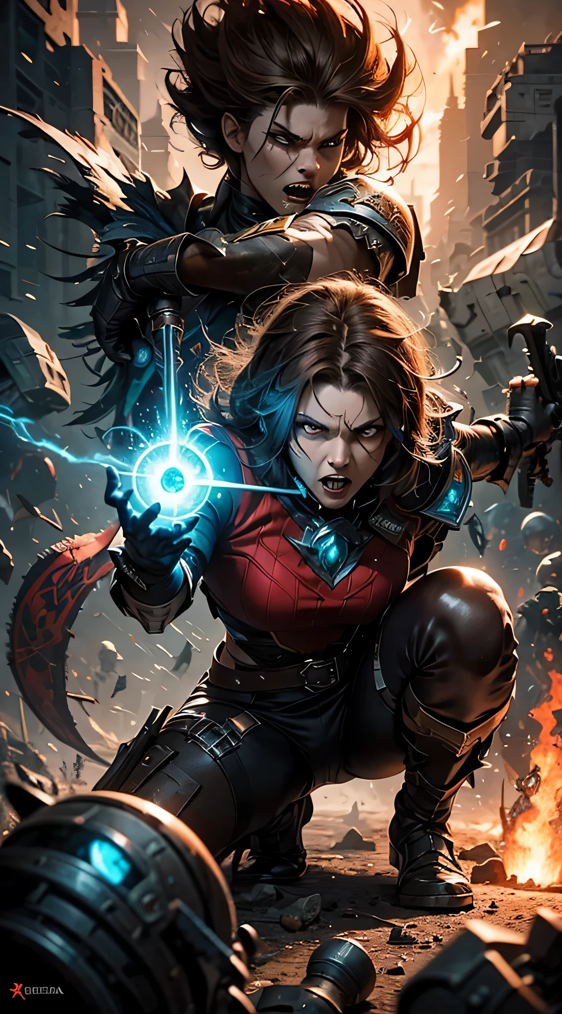 com cabelos castanhos curtos e olhos vermelhos agachado e armando uma granada com os dentes,angry expression,action pose,explosions in the background,League of Legends,liga de runeterra,detalhado,realista,4k