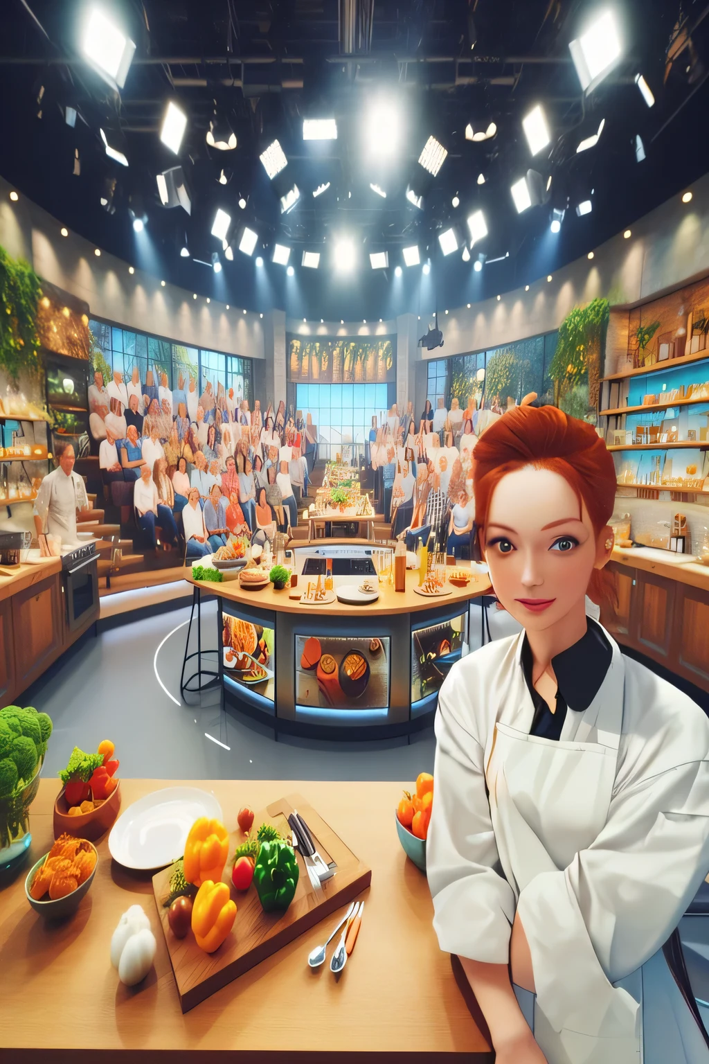 Ms. Ginger, mid 30s, cinnamon-colored eyes, ginger-hued hair, wearing crisp white chef's coat, a flour-dusted apron