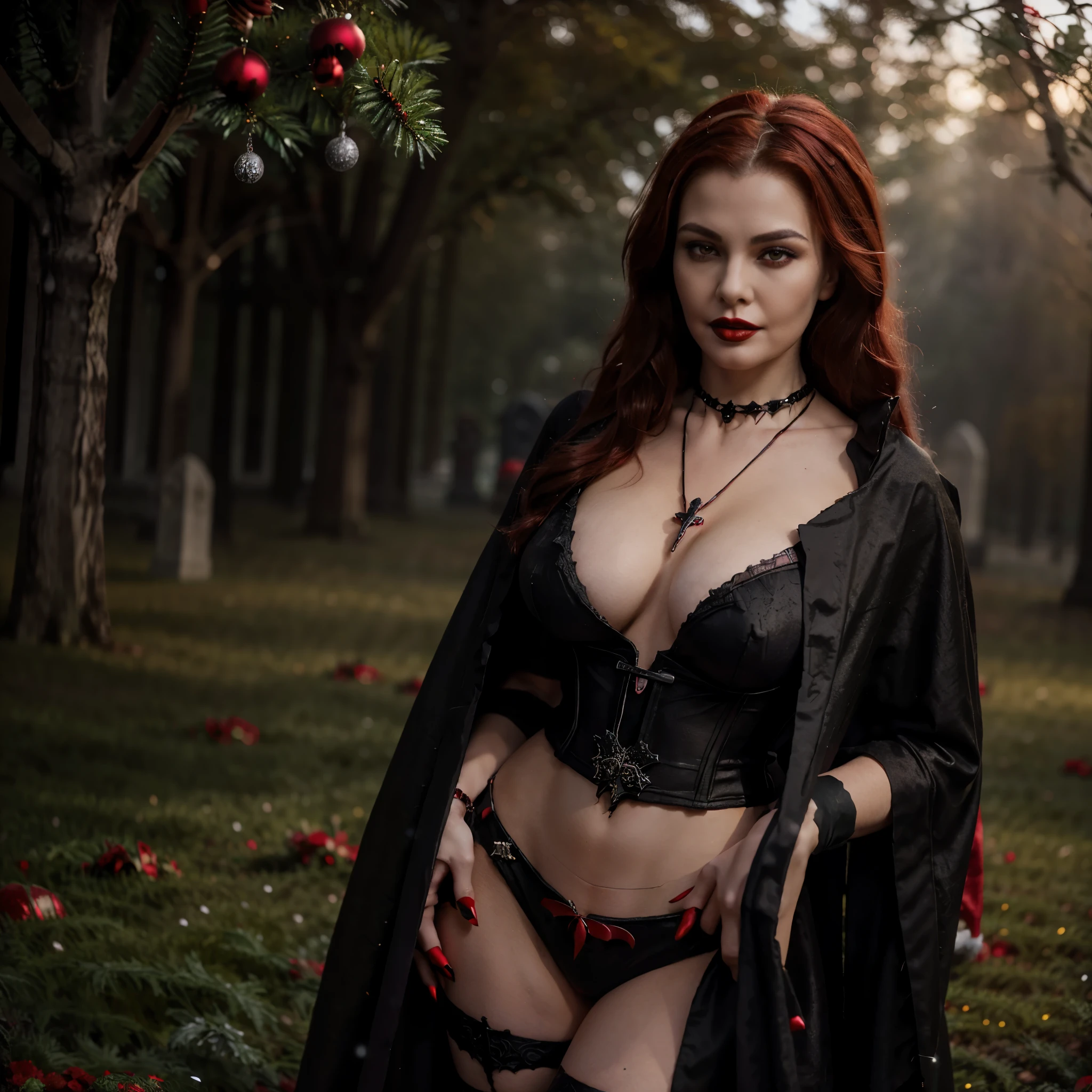 Beautiful 20 year old woman, large tits, with short messy wavy red hair, wearing a red corset with black accents and black cloak, standing in a foggy cemetery at night, (red lipstick:1.5), realistic skin texture, (cross necklace:1.2), (looking at camera:1.3), (Christmas style and Gothic Art:1.4), photo realistic, 8k