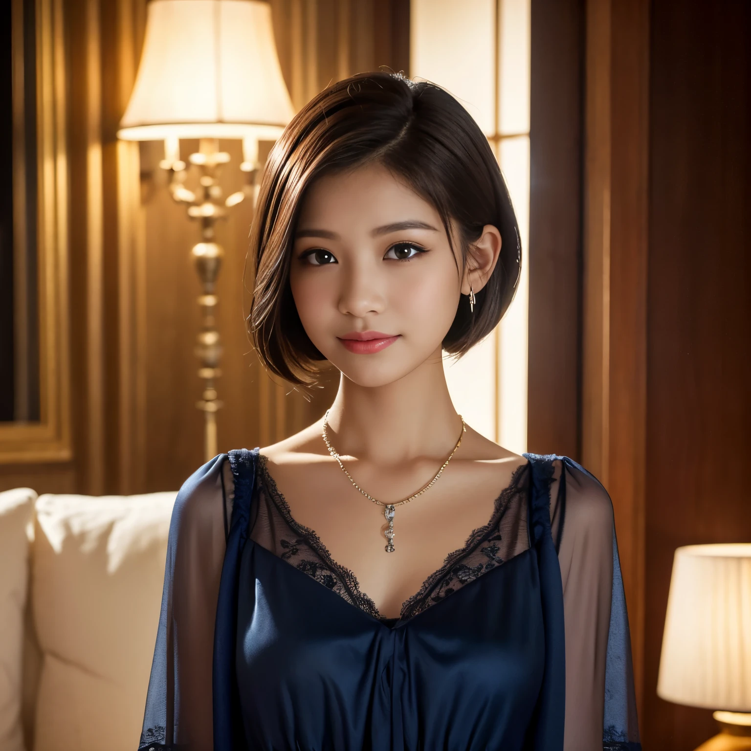 (highest quality、table top、8K、best image quality、hyper realism)、(One cute 12 year old girl)、(wearing a navy nightgown)、Moody warm lighting、romantic lighting、highly detailed face、Photo above the waist、A slight smile staring at me、accurate anatomy、Beautiful skin with high details、short bob、lipstick、beautiful lips、bewitching makeup、long eyelashes、beautiful eyeshadow、Small diamond necklace、standing elegantly、Large living room in luxury apartment、epic movie lighting、Portrait Photo