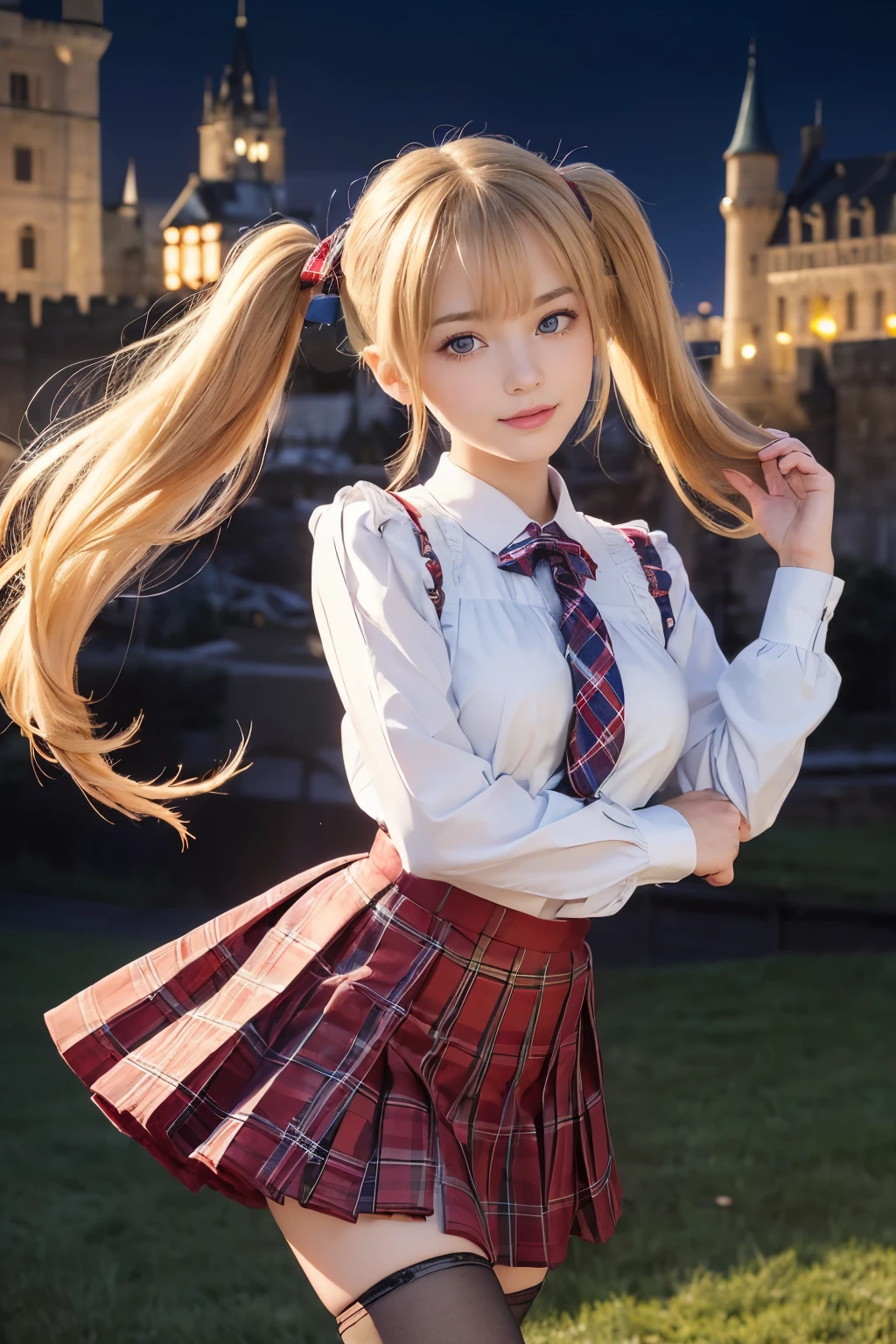(masterpiece,highest quality,ultra high resolution),cute woman, Very beautiful girl, naive girl、perfect limbs、perfect anatomy、Shining beautiful skin、(bangs)、Moist blue eyes、smile、(ribbon、blonde twintails 1.5)、(tie)、(white blouse)、((Red Tartan Check Pleated Skirt))、Fishnet tights、high school girl uniform、((medieval european castle、night view、background))