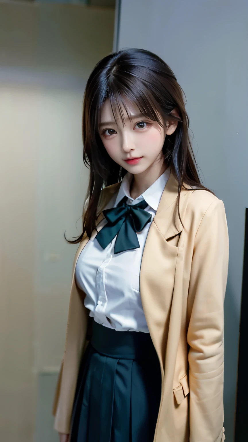 muste piece、best quality、illustration、 Super detailed、fine details、 High resolution、8K Dende Wallpaper、perfect dynamic composition、17 year old beautiful girl、Neat and clean high school girl、detailed beautiful face、detailed beautiful eyes、textured skin、faint smile、small breasts、bold sexy pose、School Blazer Uniform、